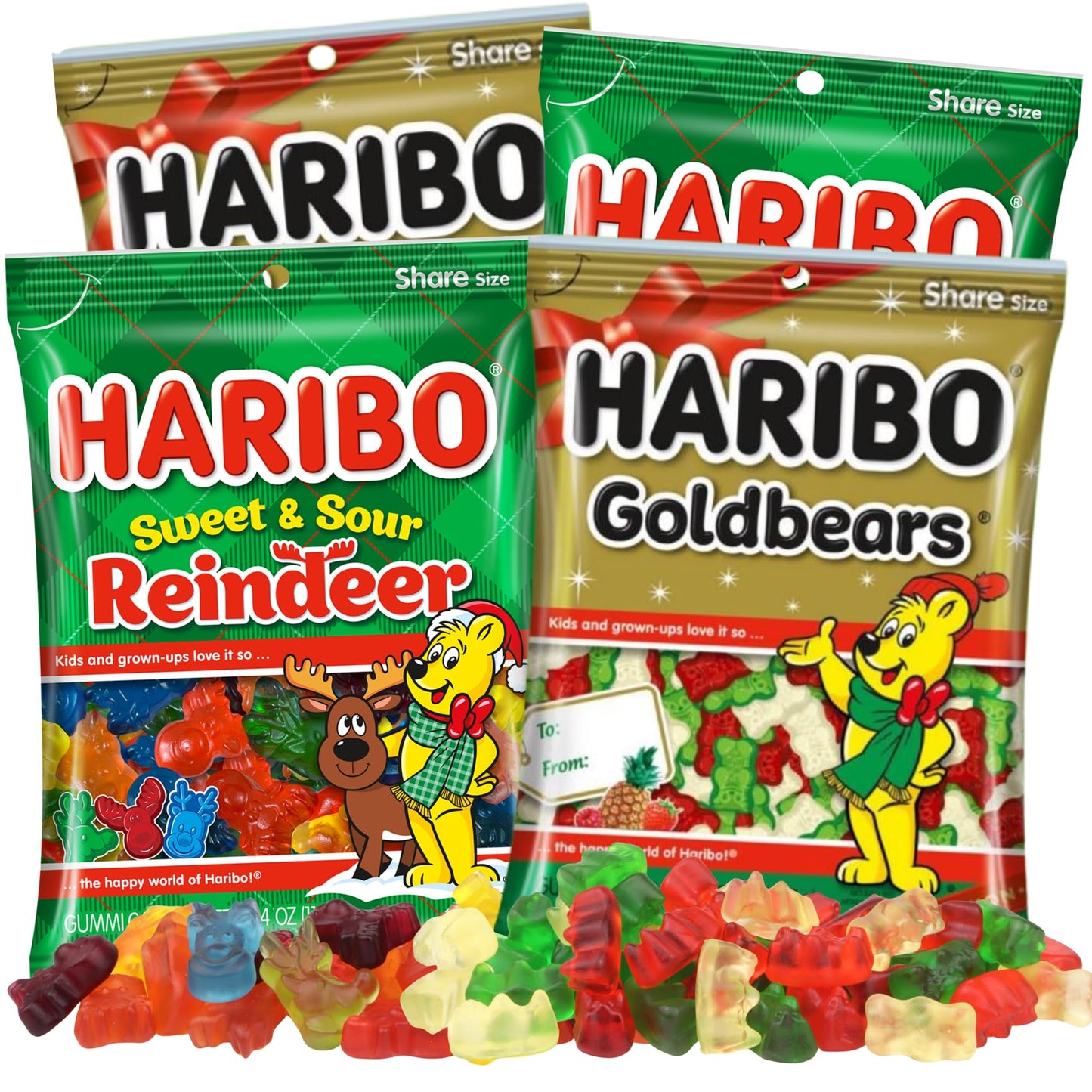 2 Christmas Gummy Bears, 2 Sweet and Sour Reindeer Gummies, Assorted Flavors, Sharable Bags, Sweet Christmas Treat, 4 Ounces (Pack of 4)