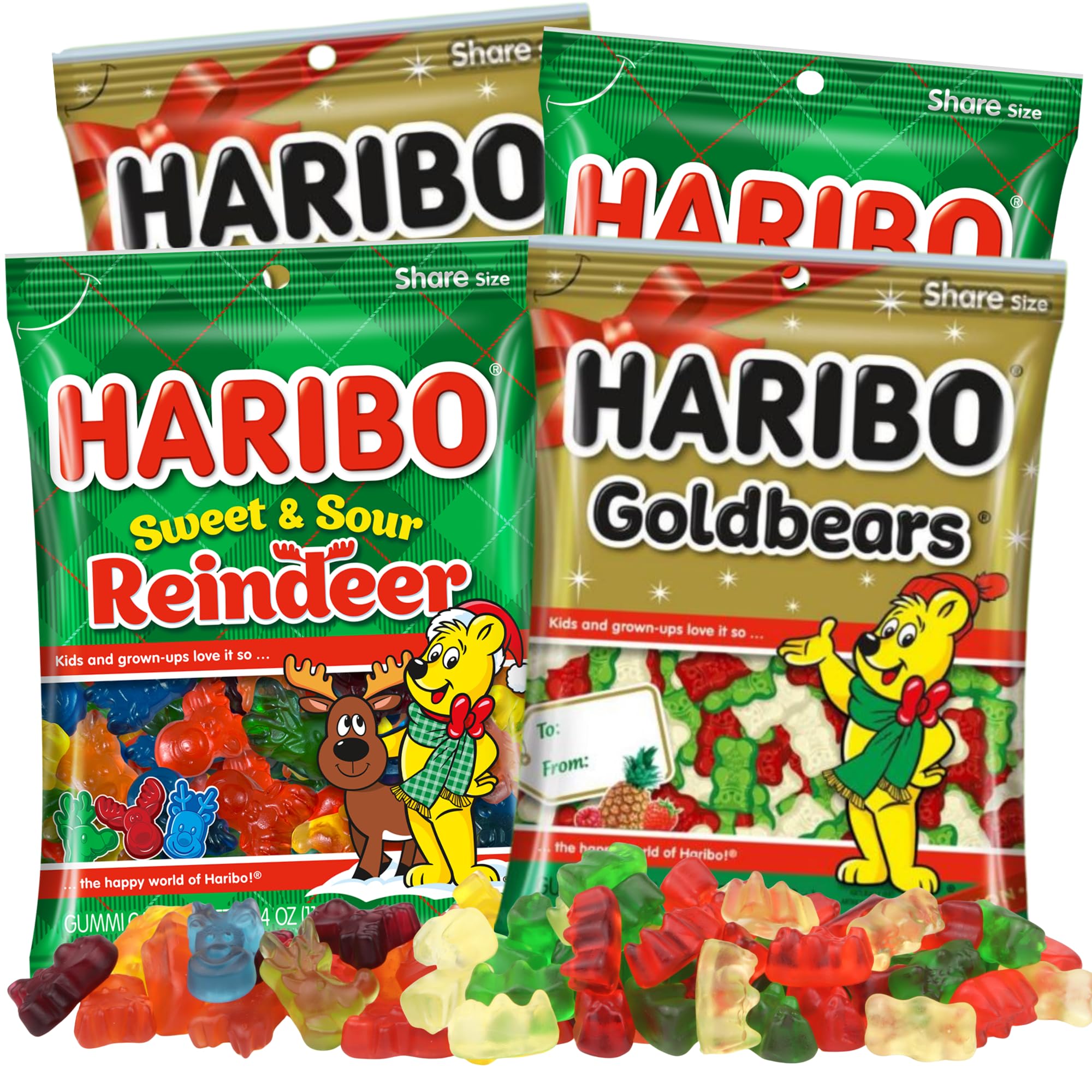 2 Christmas Gummy Bears, 2 Sweet and Sour Reindeer Gummies, Assorted Flavors, Sharable Bags, Sweet Christmas Treat, 4 Ounces (Pack of 4)