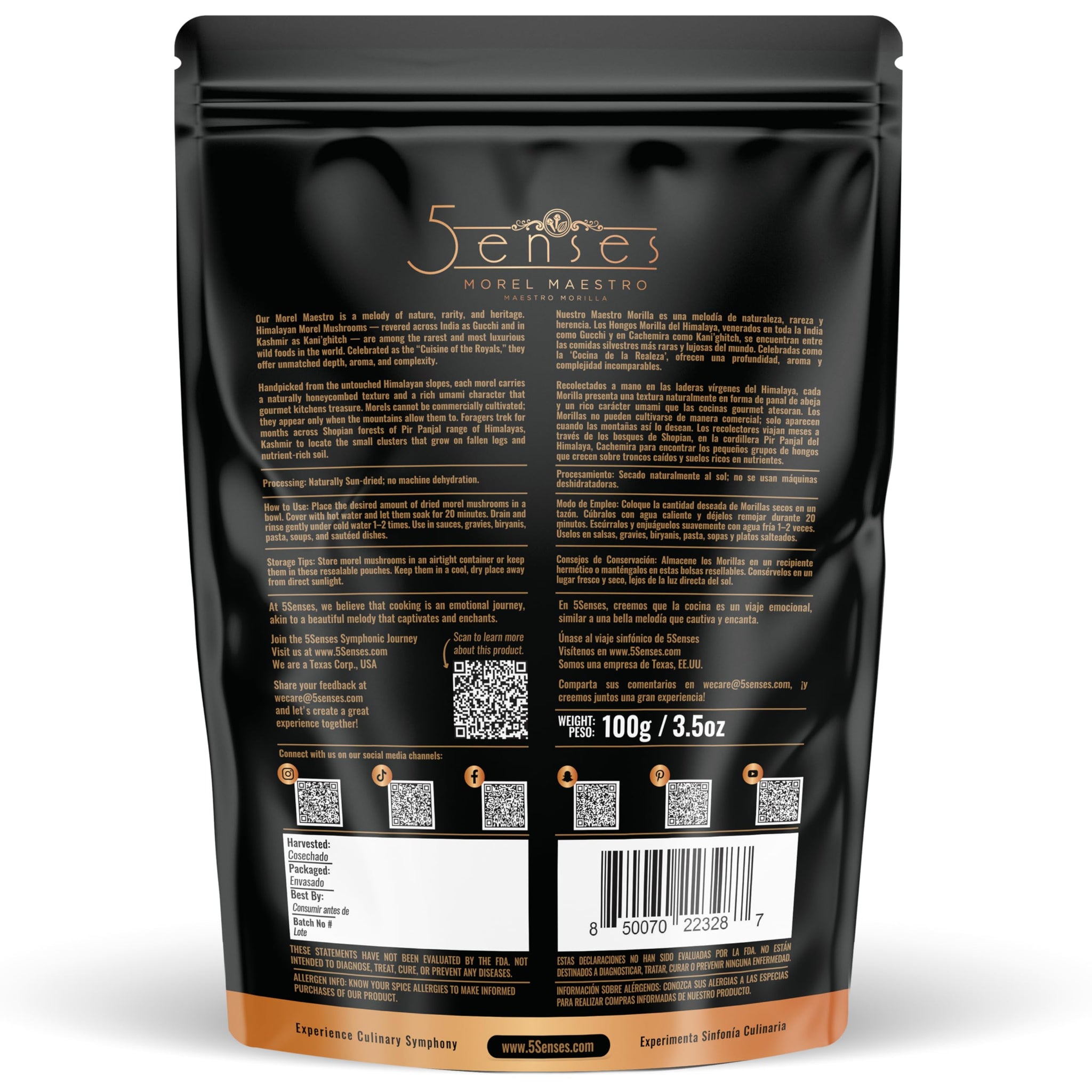 5Senses Himalayan Wild Morel Mushroom (Gucchi) | Hongo Morilla SILVESTRE DEL HIMALAYA | Morel Maestro | Premium Grade A Gucchi | Handpicked Dried