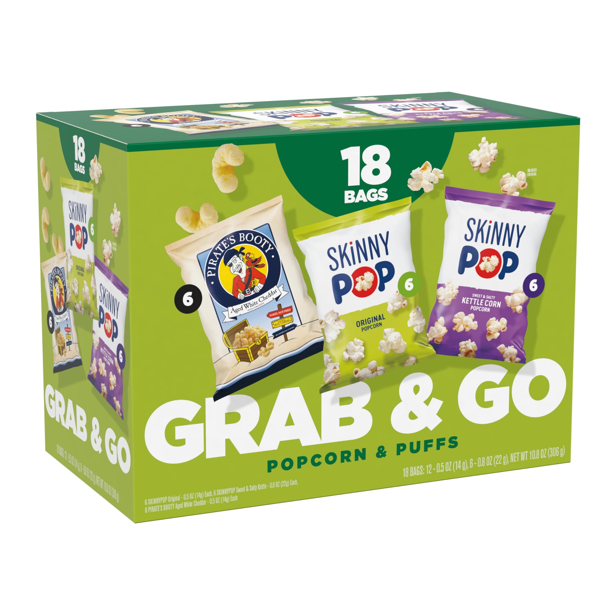 SkinnyPop Popcorn & Puffs Variety Variety Pack, SkinnyPop Original and Kettle Corn, and Pirate's Booty, Gluten-Free, Individually Sized Snack Bags