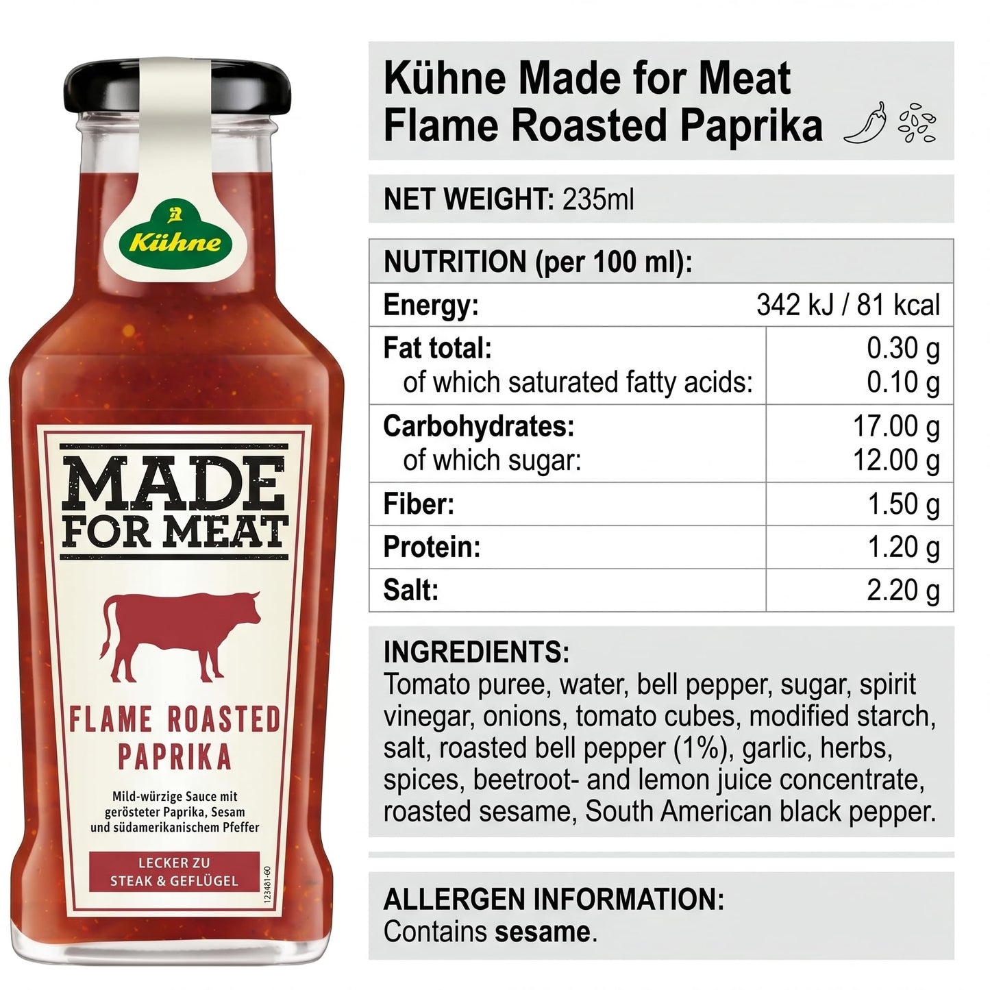 Kuhne Flame Roasted Paprika Sauce, 8oz Bottle, BBQ Sauce for Chicken Wings, Grilled Meat and Barbecues, Sweet, Smoky and Spicy