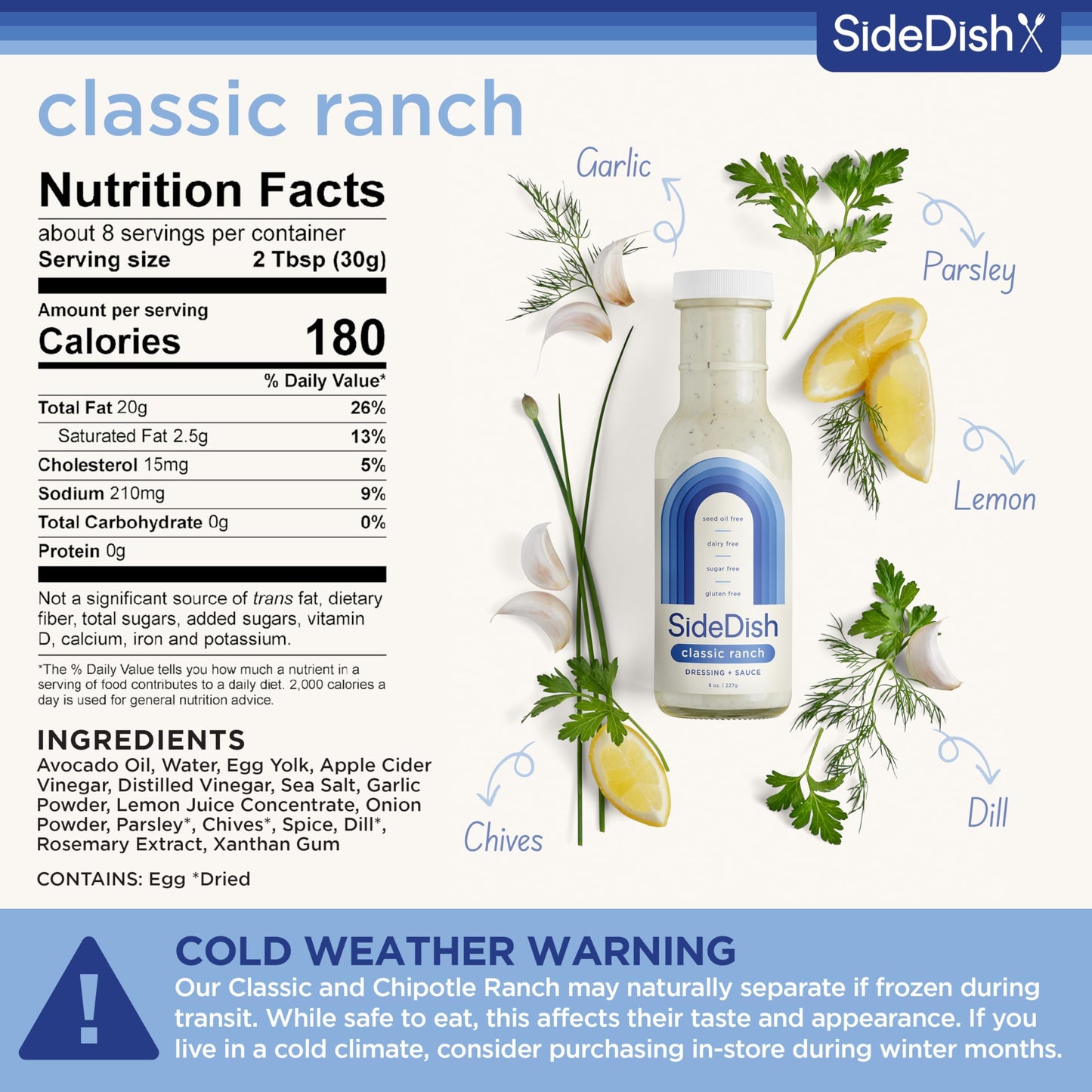 SideDish Classic Ranch Dressing - Seed Oil Free, Dairy Free & Gluten Free Salad Dressing w/Avocado Oil - Sugar Free, Low Sodium Healthy Ranch Dressing