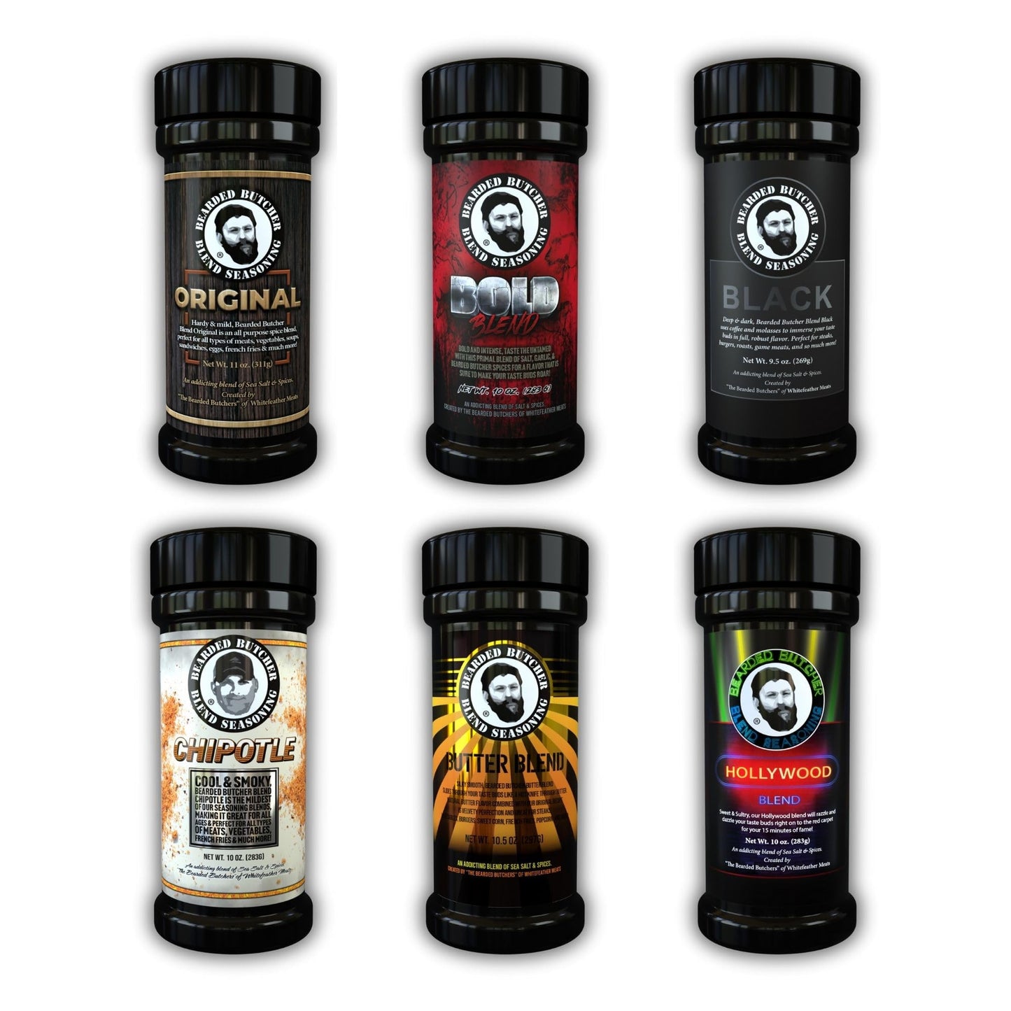 Bearded Butchers Signature 6-Pack Seasoning Bundle - Original, Bold, Black, Chipotle, Butter & Hollywood Blends - Mild Spice, Gluten-Free, No MSG