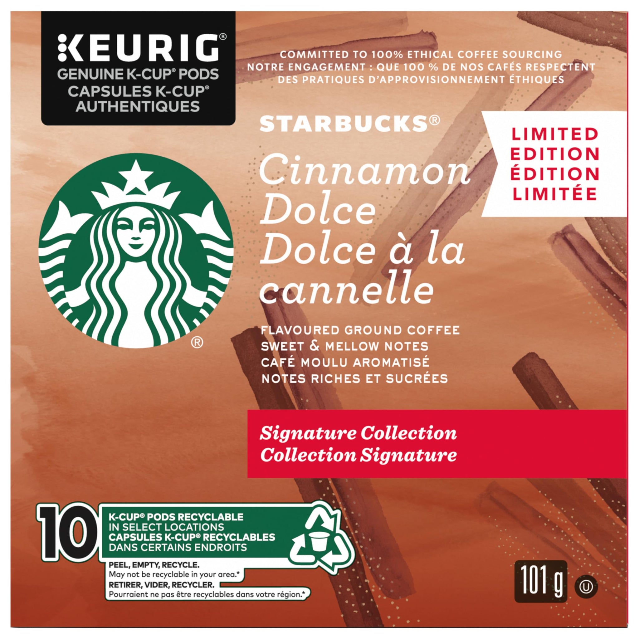 Starbucks Signature Collection Cinnamon Dolce Flavoured Ground Coffee K-Cup Pods, 10 Count Box, 101 gram