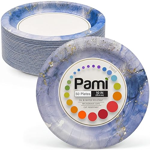 PAMI Disposable Paper Plates 10 Inch, Pack of 50 Plates, Sapphire Mist Collection Heavy Duty Dinner Plates, Oil & Water Resistant, Microwave Safe