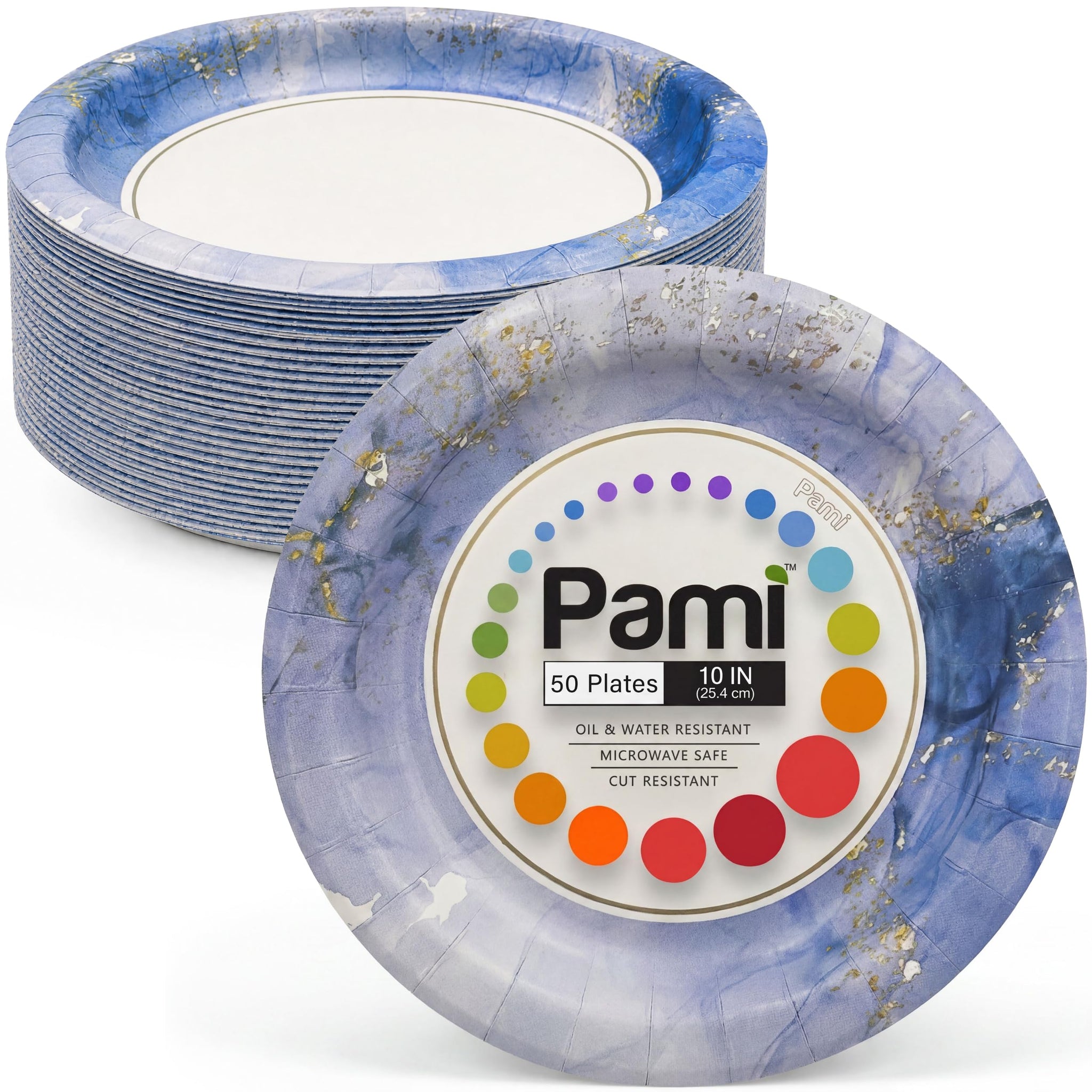 PAMI Disposable Paper Plates 10 Inch, Pack of 50 Plates, Sapphire Mist Collection Heavy Duty Dinner Plates, Oil & Water Resistant, Microwave Safe