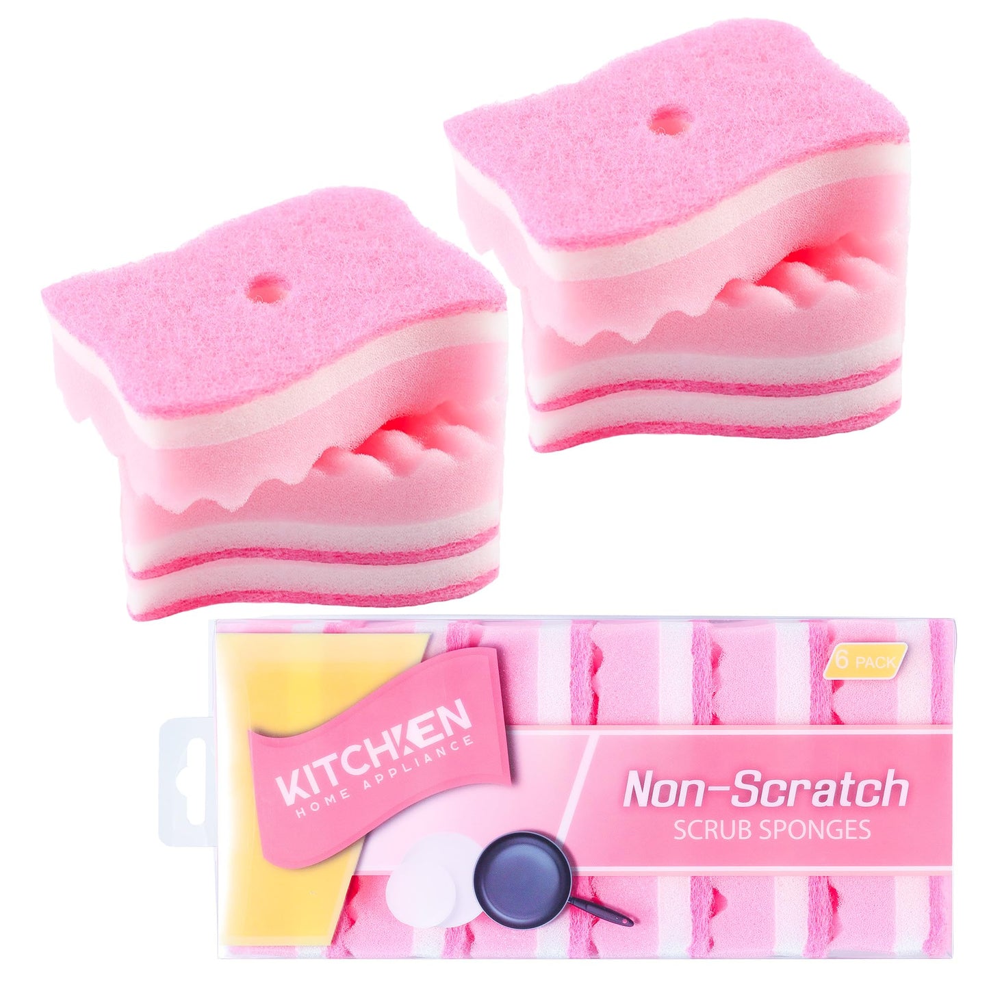 Non-Scratch Scrub Sponges, 6 Pack, Odor Free, Gentle on Sink, Counters, Surfaces, Pots, Pans, for Dishwashing & Household Cleaning with 1Sponge Holder