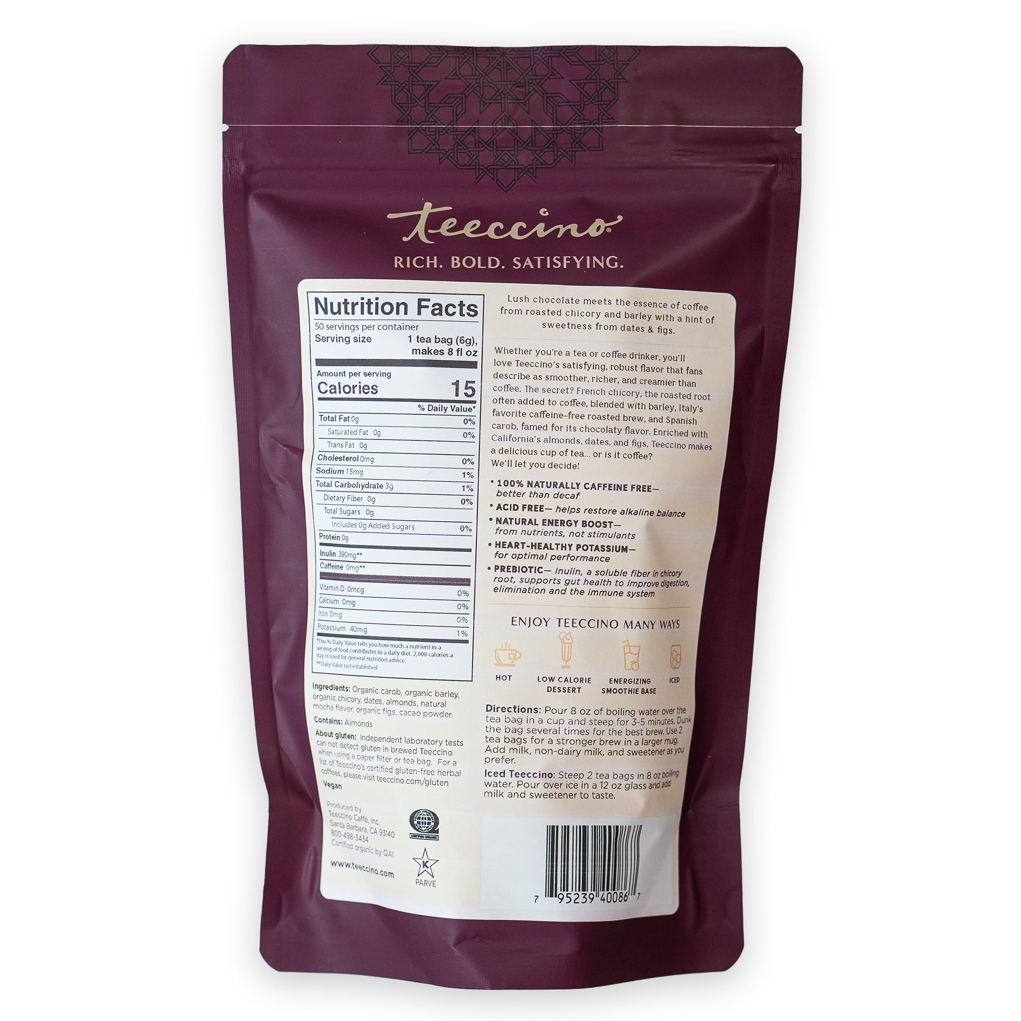Teeccino Mocha Herbal Tea, 50 Tagless Eco-Friendly Tea Bags - Rich & Roasted Herbal Tea That’s Caffeine Free & Prebiotic for Natural Energy