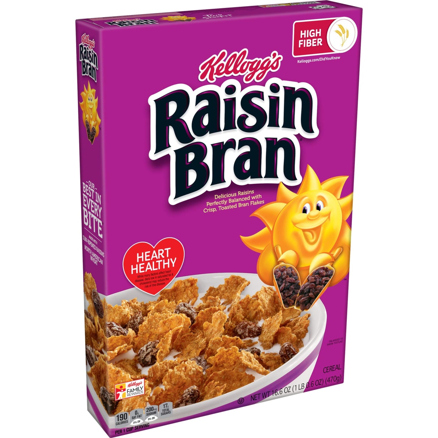 Kellogg's Raisin Bran Cold Breakfast Cereal, High Fiber Cereal, Made with Real Fruit, Original (10 Boxes)