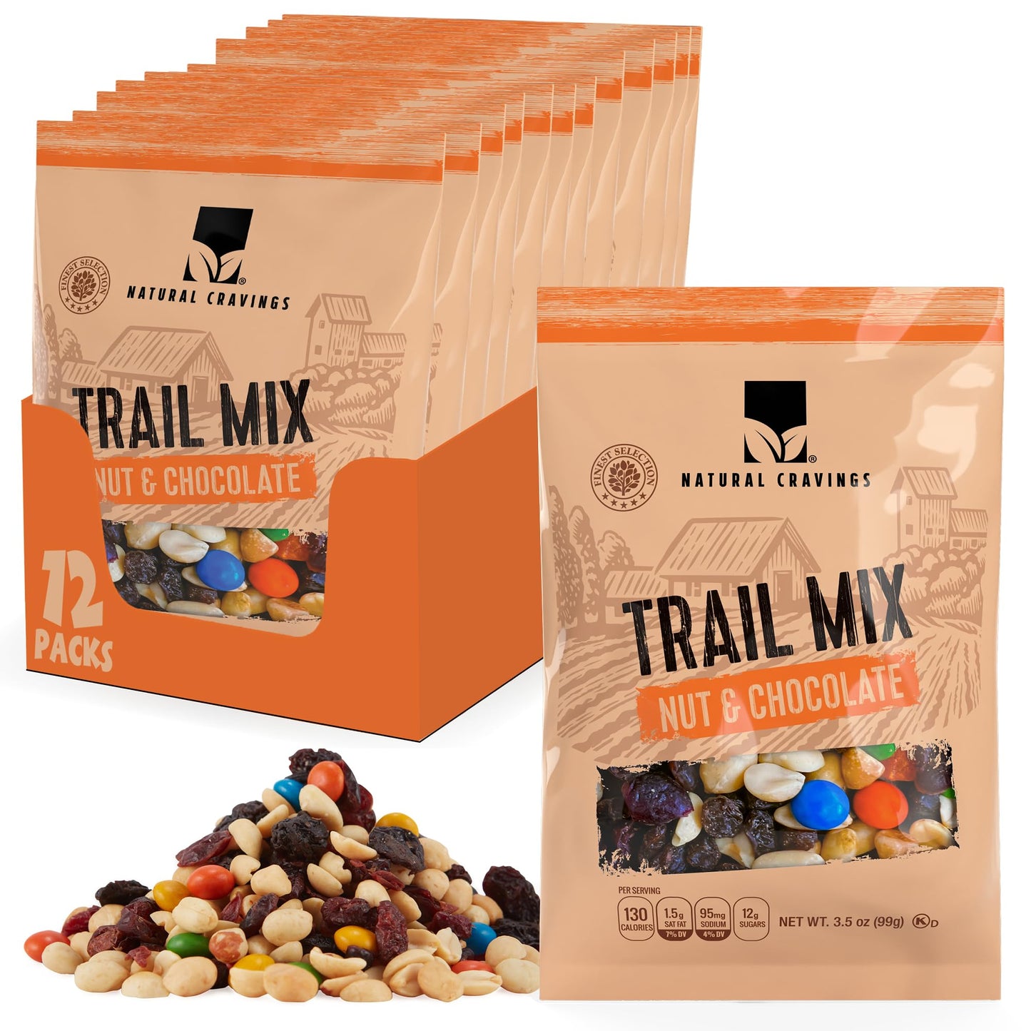 Natural Cravings Trail Mix Snack Packs - Individual 3.5 oz Bags - Nuts & Chocolate Dried Fruit Mix & Nuts Mix with Peanuts, Dried Cranberries