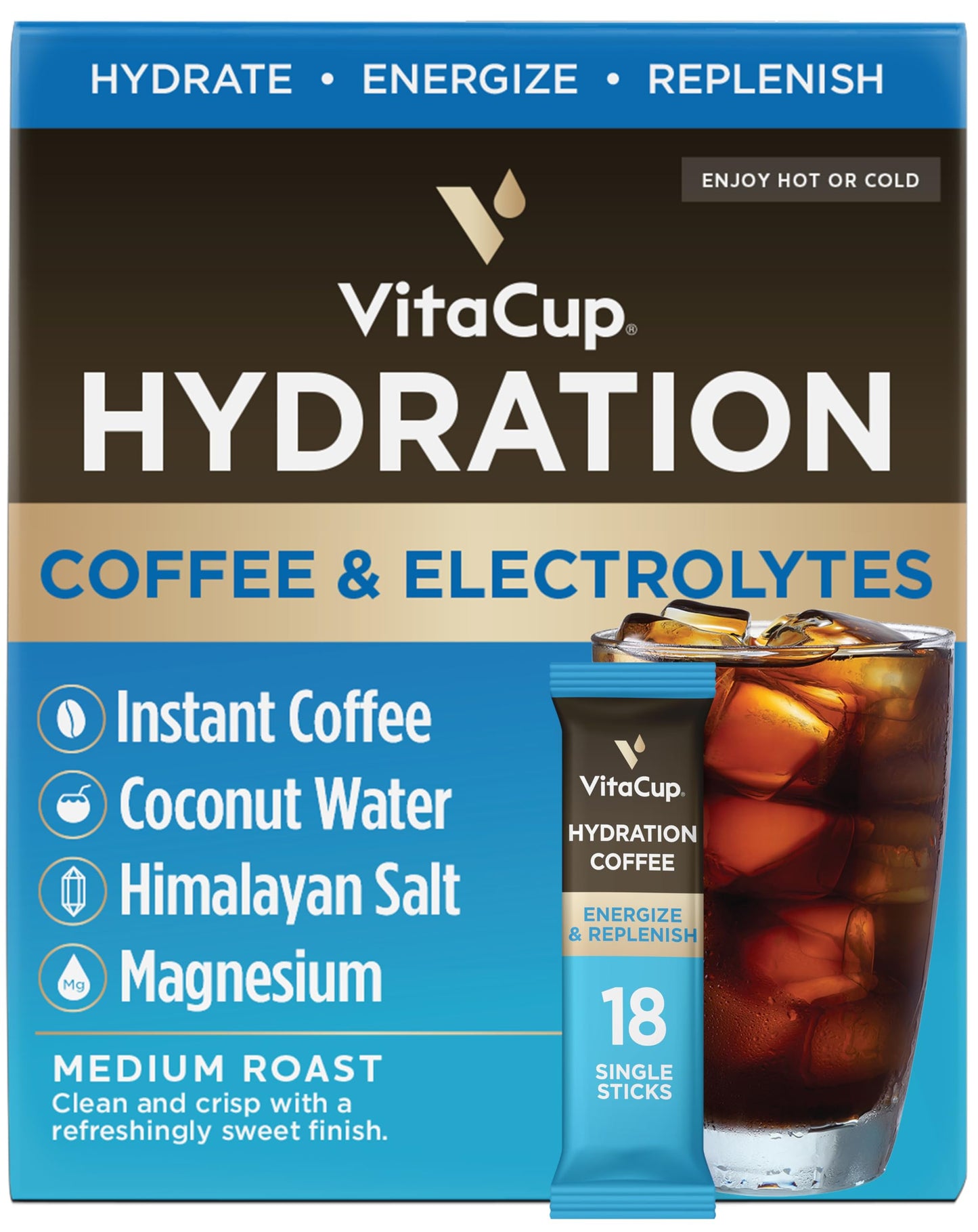 VitaCup Hydration Coffee Packets, The First Coffee That Hydrates You w/Electrolytes, Coconut Water, Pink Himalayan Salt, Magnesium, Medium Roast