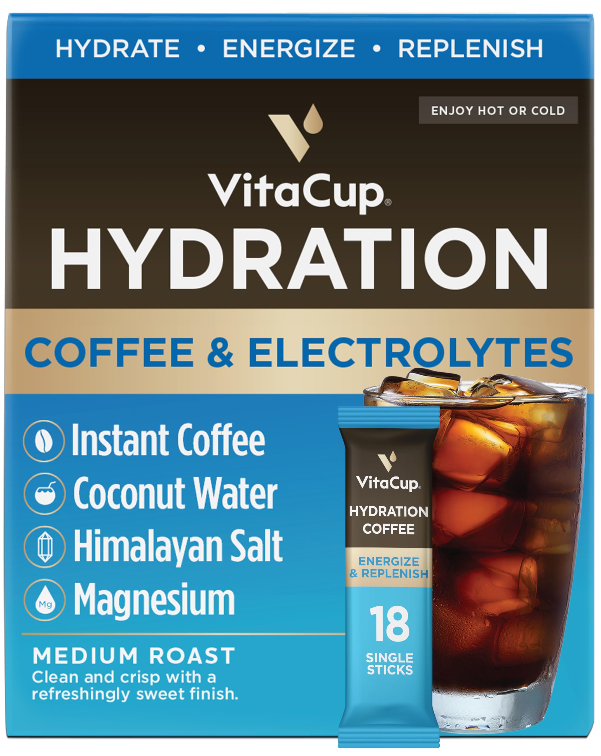 VitaCup Hydration Coffee Packets, The First Coffee That Hydrates You w/Electrolytes, Coconut Water, Pink Himalayan Salt, Magnesium, Medium Roast