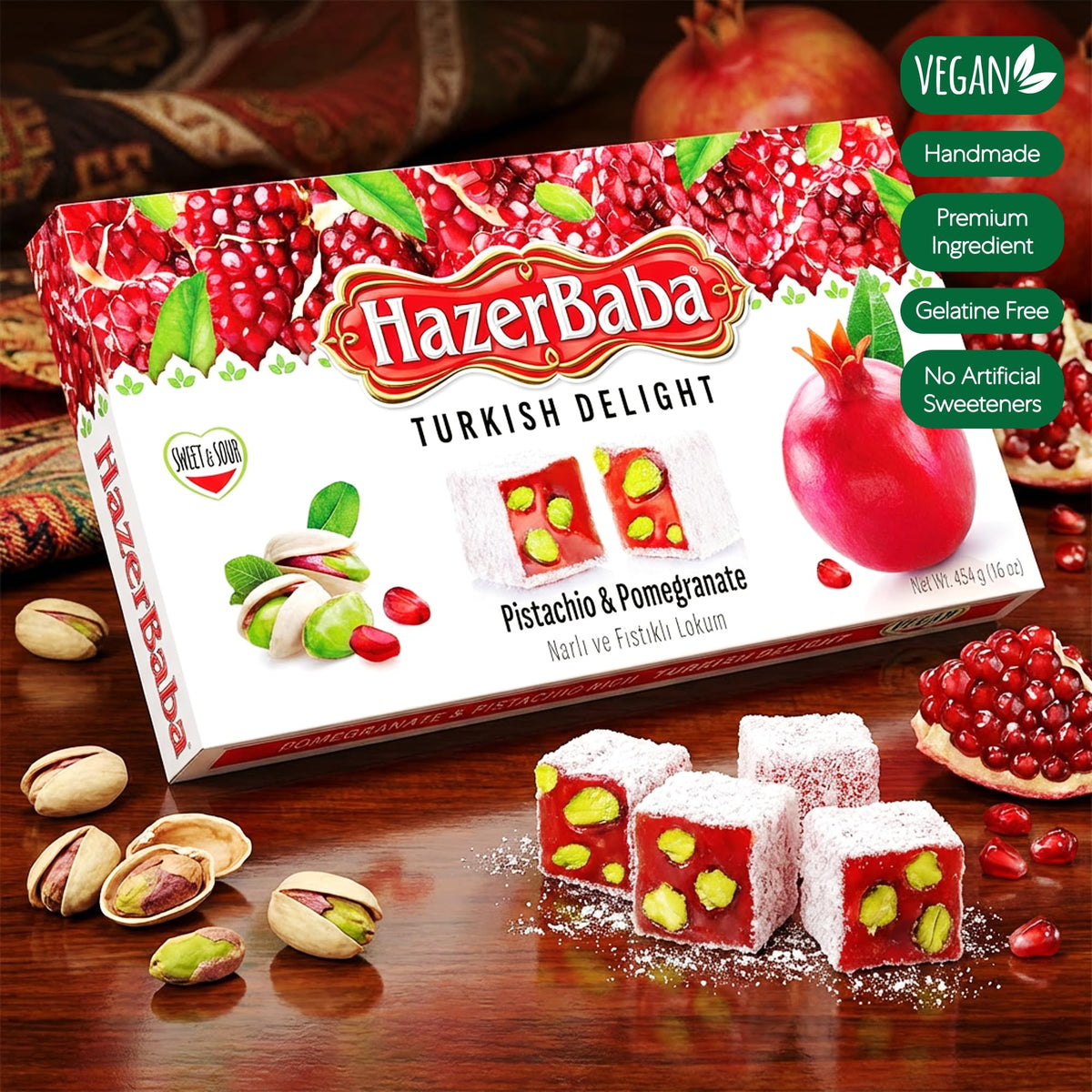 HazerBaba Turkish Delight Pistachio Candy, Pomegranate, 16oz (Pack of 1)