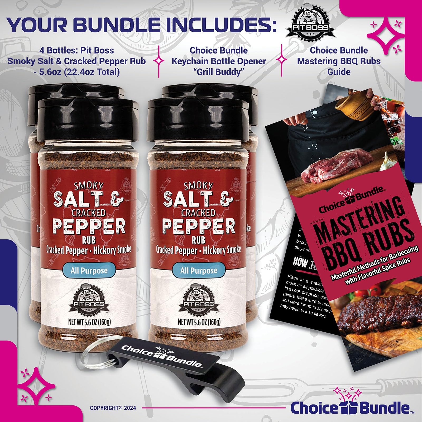 Pit Boss Smoky Salt & Cracked Pepper All Purpose AP Premium BBQ Barbecue Mixed Seasoning Spice & Rub 4 pk Choice Bundle (22.4 oz) + Guide & Keychain