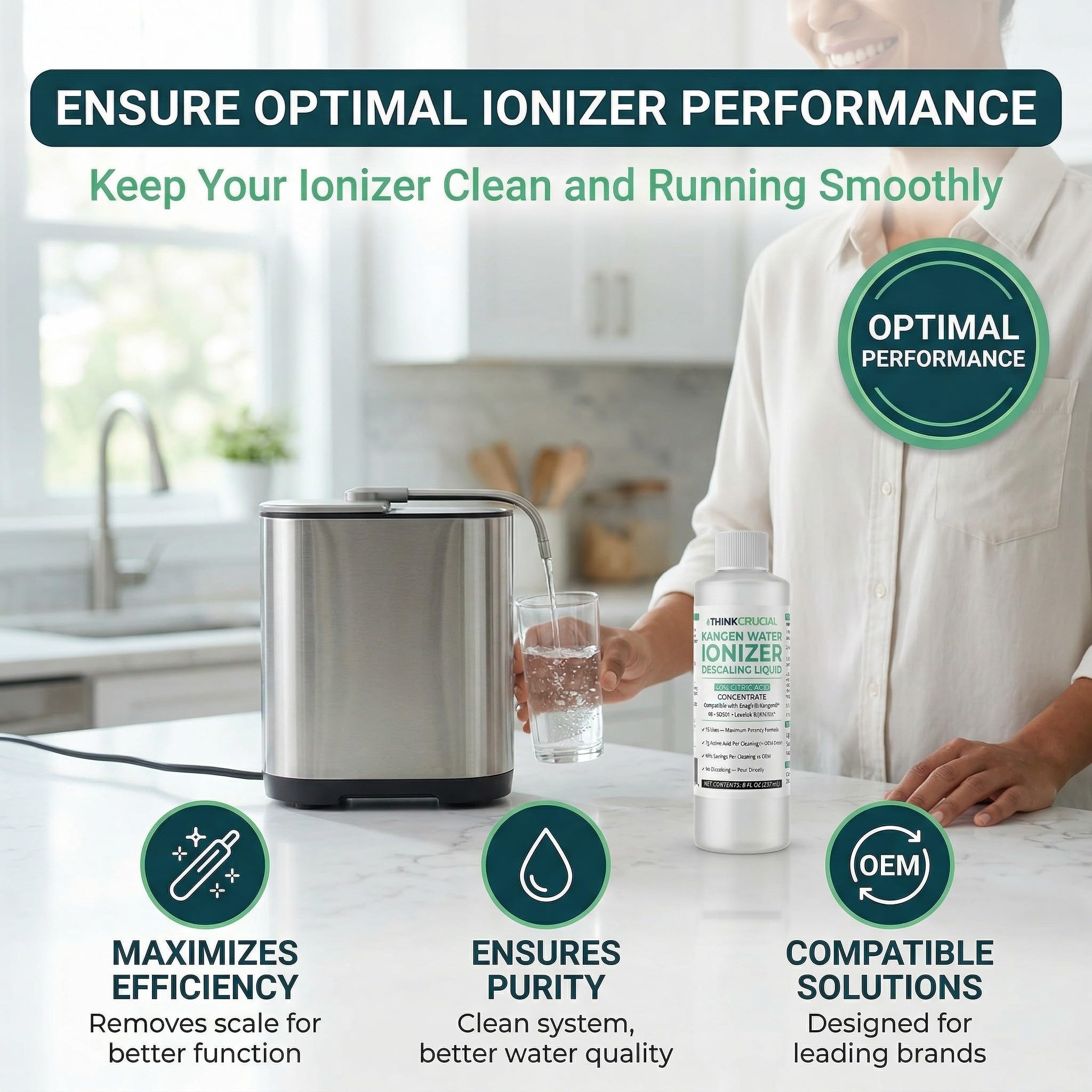 Think Crucial Water Ionizer Descaling Liquid - 40% Citric Acid, 15 Uses - Compatible with Enagic's Ionization Machines, K8, SD501, Leveluk - No