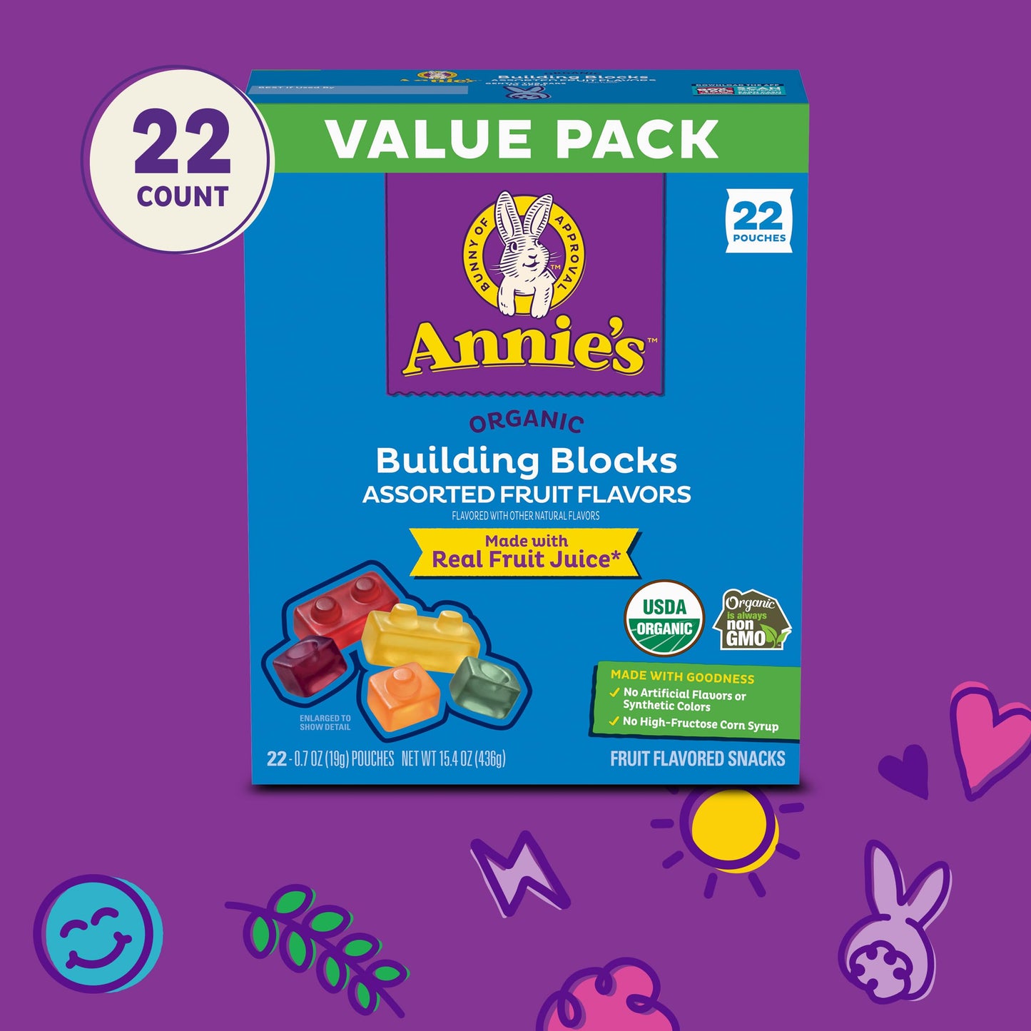 Annie's Organic Building Blocks Fruit Flavored Snacks, Assorted Fruit Flavors, Gluten Free, 22 Pouches, 15.4 oz.