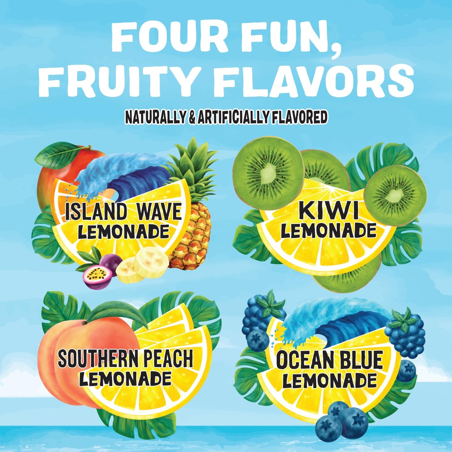 Calypso Singles To Go! Drink Mix Variety Pack - On-the-Go Powdered Drink Mix Packets - Low Calorie Water Enhancer - Island Wave, Kiwi, Southern Peach