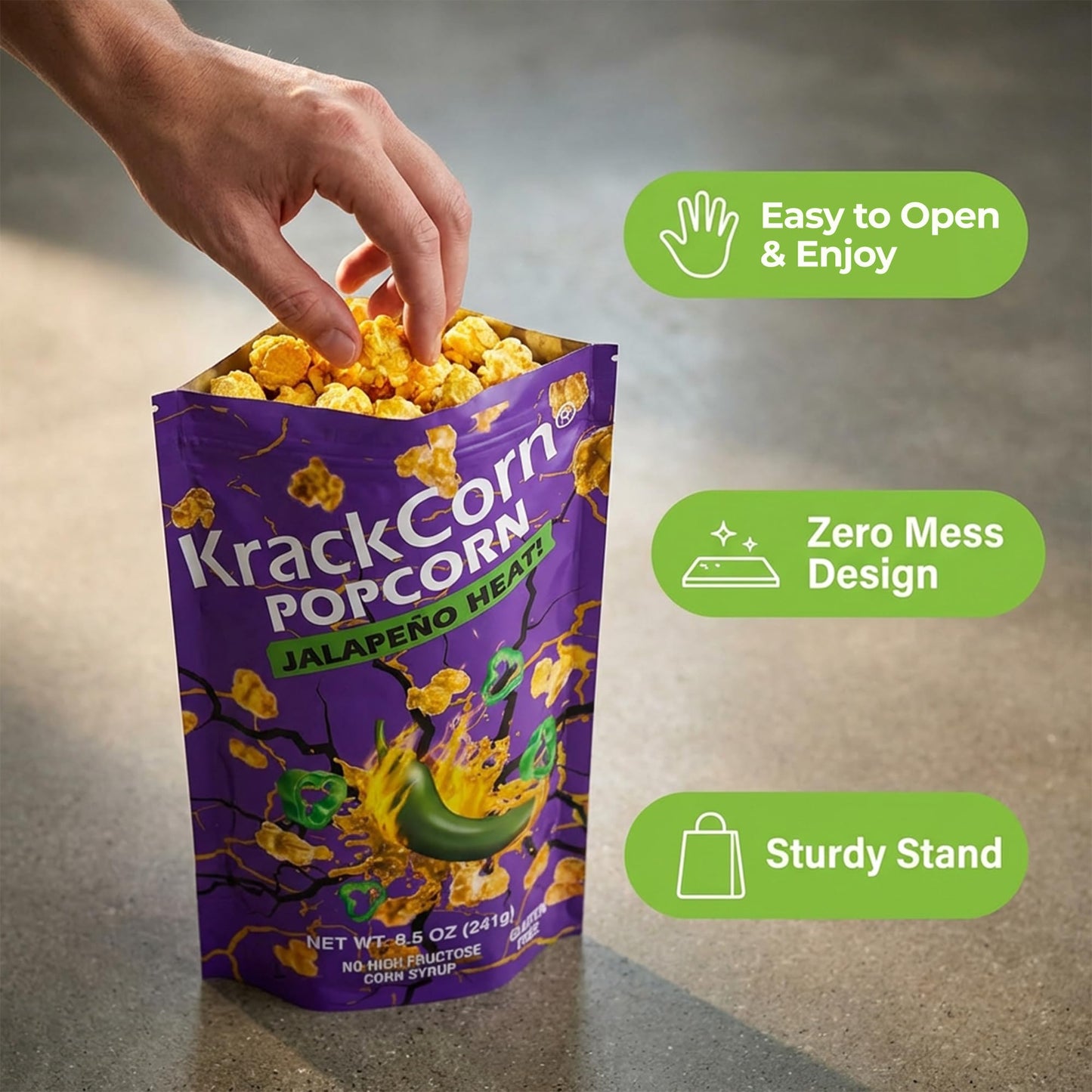 KrackCorn Popcorn, Jalapeno Flavored, Gourmet Snack, Gluten-Free, Non-GMO, No High Fructose, Non Guilty, Savoury and Spicy Kick, 8.5 oz, Pack of 3