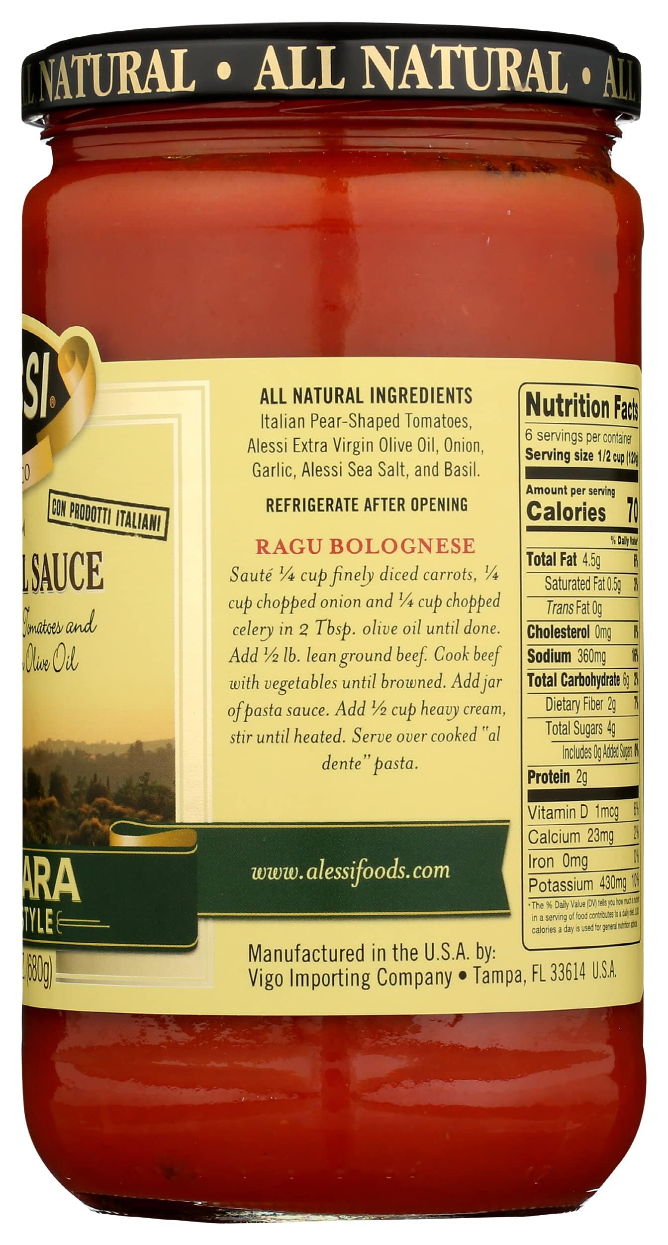 Alessi All Natural Marinara Pasta Sauce Chunky Style, 24 Ounce (Pack of 6)