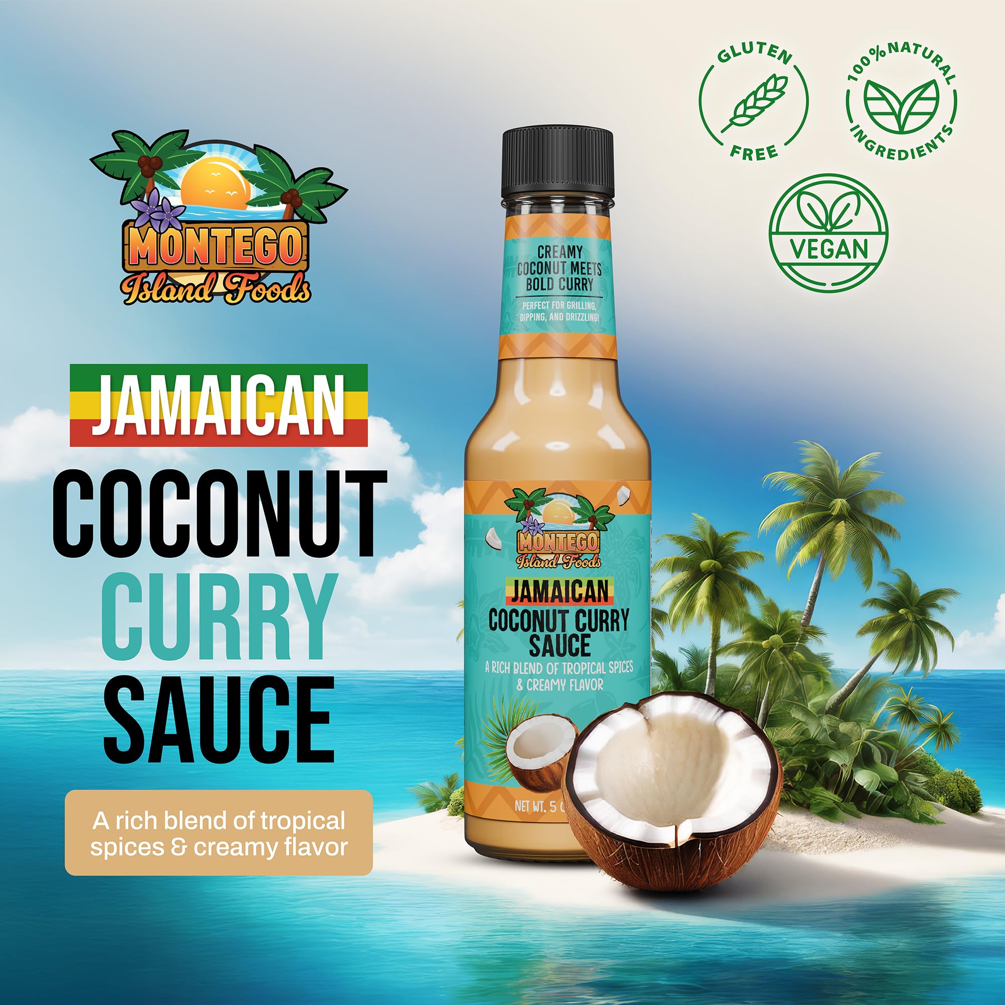 Montego Island Foods Jamaican Coconut Curry Sauce - New Enhanced Recipe with Real Coconut Cream, Fresh Lime Juice, Red Bell Pepper Powder & Authentic