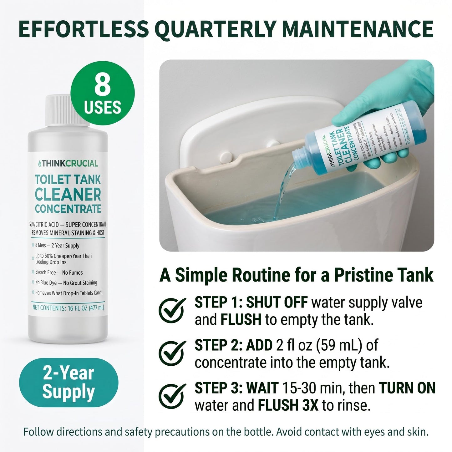 Think Crucial Toilet Tank Cleaner Concentrate - 35% Citric Acid, 8 Uses, Bleach-Free, No Blue Dye, Septic Safe - 16 fl oz