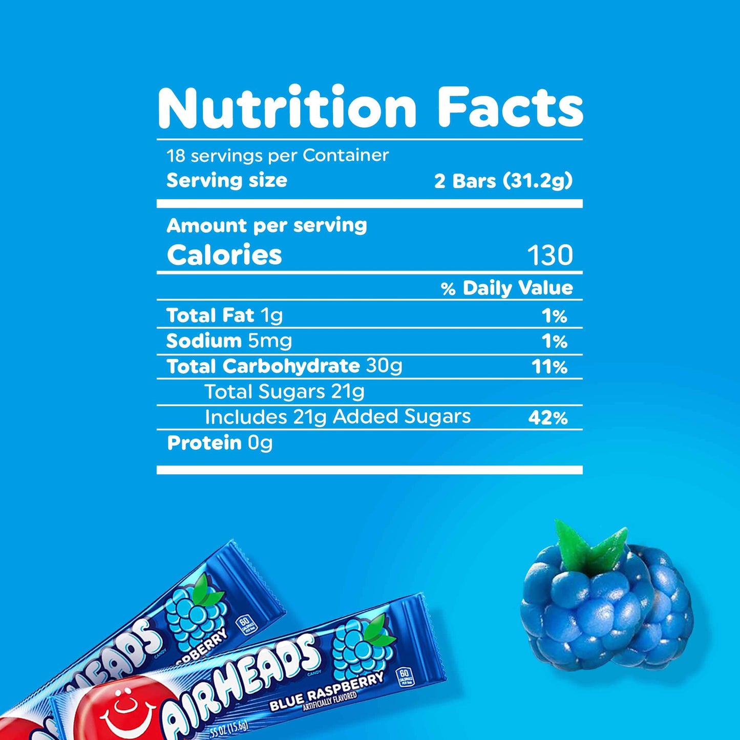 Airheads Full-Size Candy Bars, Taffy Candy Pack, Individually Wrapped Bulk Candy, Blue Raspberry Flavor Artificially Flavored, 36 Count Box
