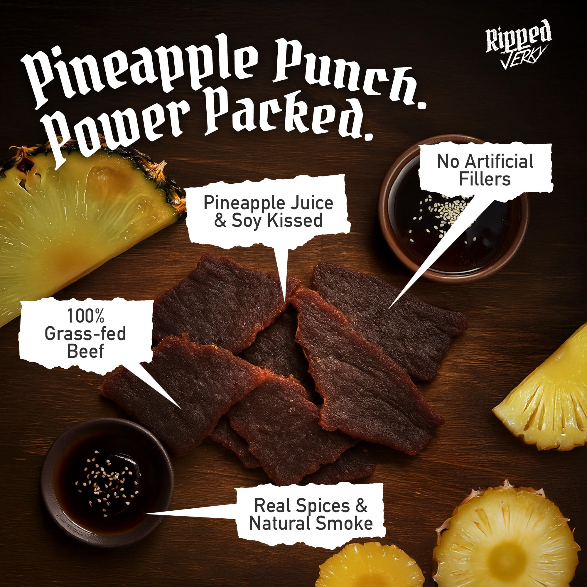 Ripped Beef Jerky - 100% Grass Fed Beef, 20g Protein, Real Ingredients, Gluten Free, No MSG, Made in USA (Pack of 3, Pineapple)