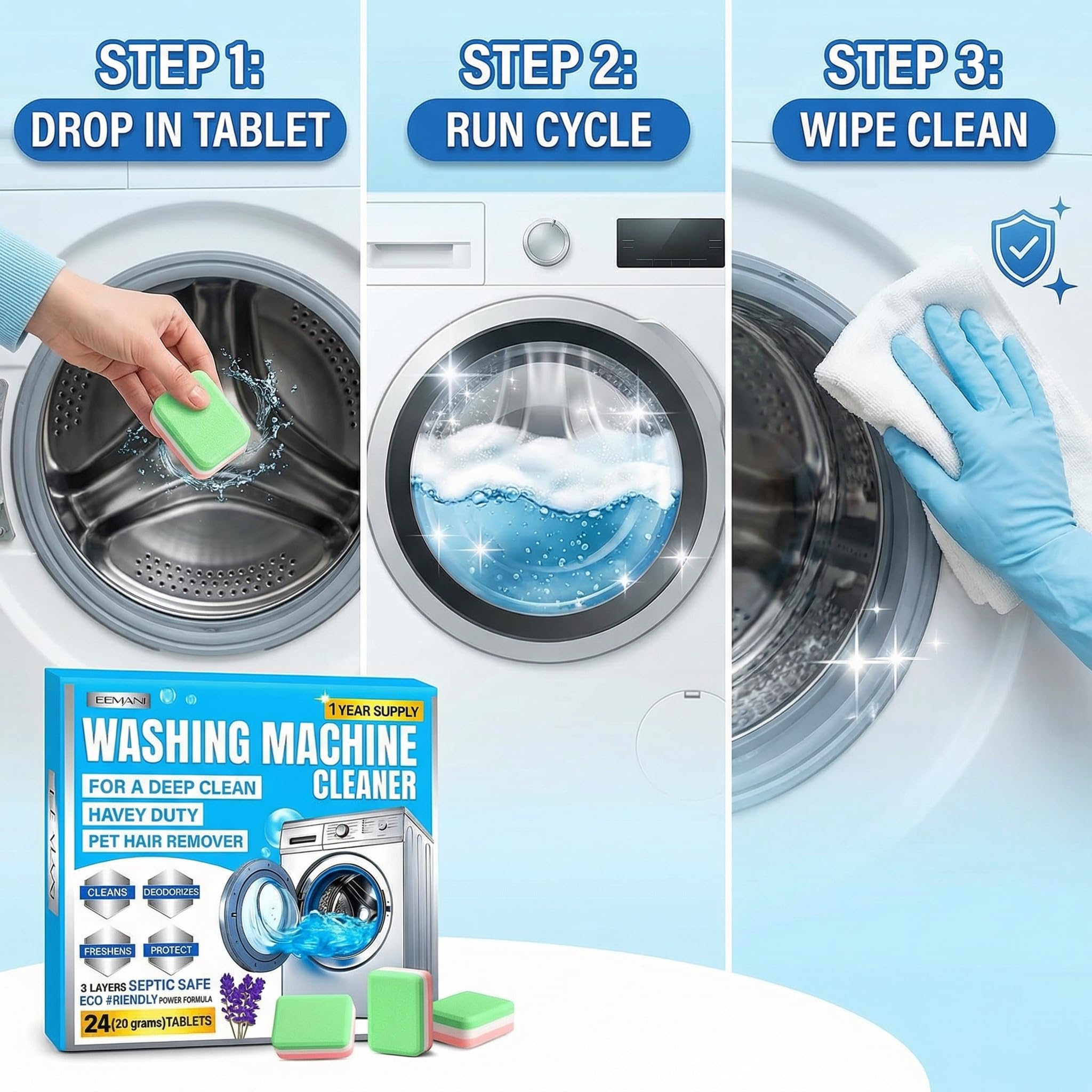 EEMANI Washing Machine Cleaner Tablets 24 Pack - Deep Cleaning for HE Front & Top Load Washer, 20g Tablets, Freshener for Drum & Tub - 1 Year Supply