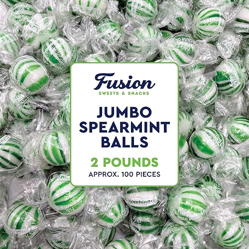 Jumbo Spearmint Mint Balls - 2 Pound Bulk Bag, Spearmint Candy Individually Wrapped, Green And White Candy Jumbo Pieces, Hard Mint Spheres