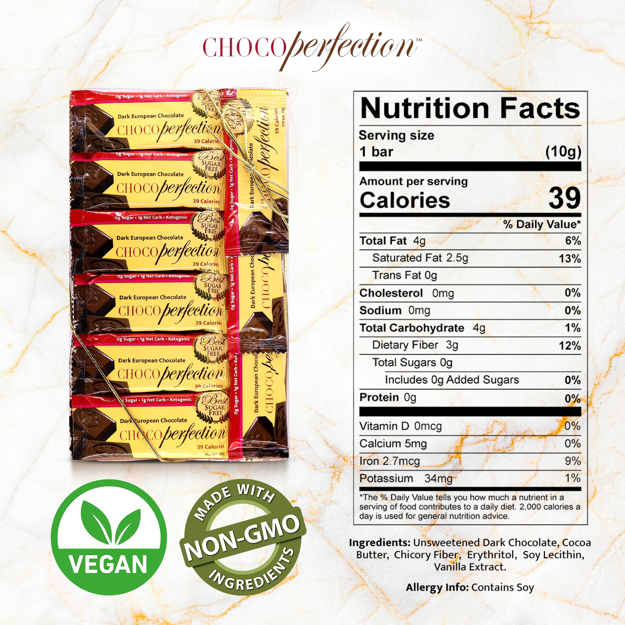 ChocoPerfection Sugar Free Dark Chocolate Mini Bars - European Style Chocolate Keto Friendly, Gluten Free Vegan, Fiber Rich Low Carb Chocolate Snack