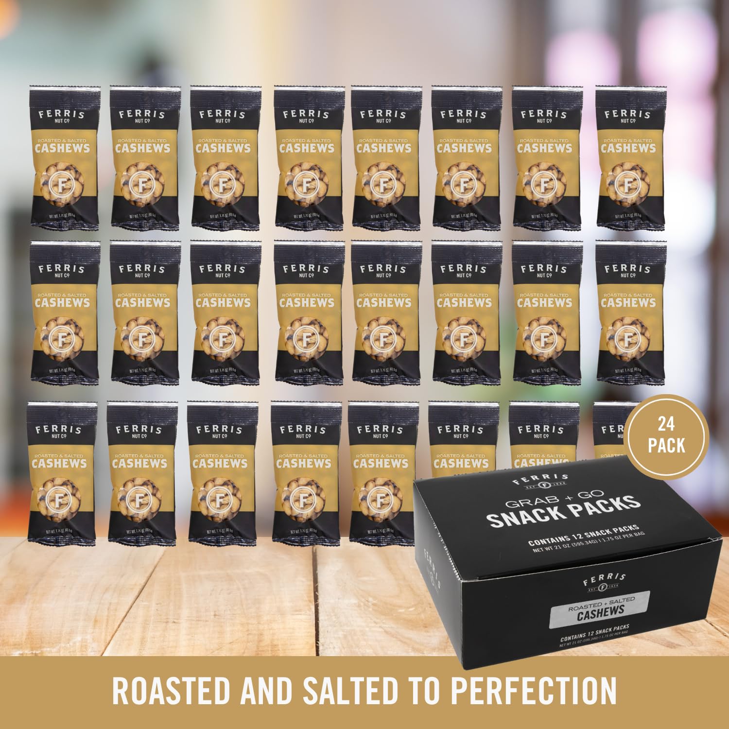 Ferris Coffee & Nut Co. Roasted & Salted Cashews - Individually Wrapped Snack Packs - Healthy Snacking Nuts for Trail Mix, Keto, Office, Travel - Pack