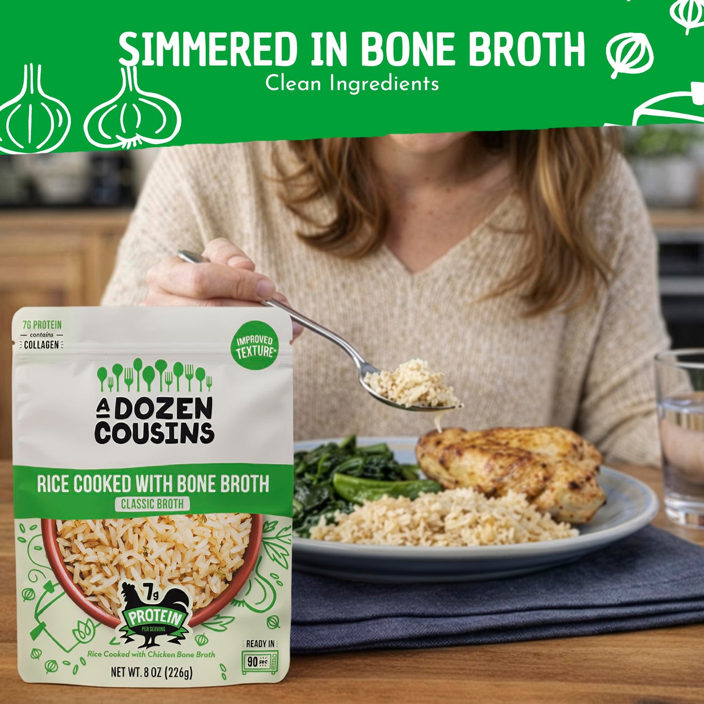 A Dozen Cousins Bone Broth Rice Variety 6pk, Ready to Eat Seasoned High Protein Rice, Clean Ingredients, Sea Salt, Classic, Spanish, Easy Side Dish