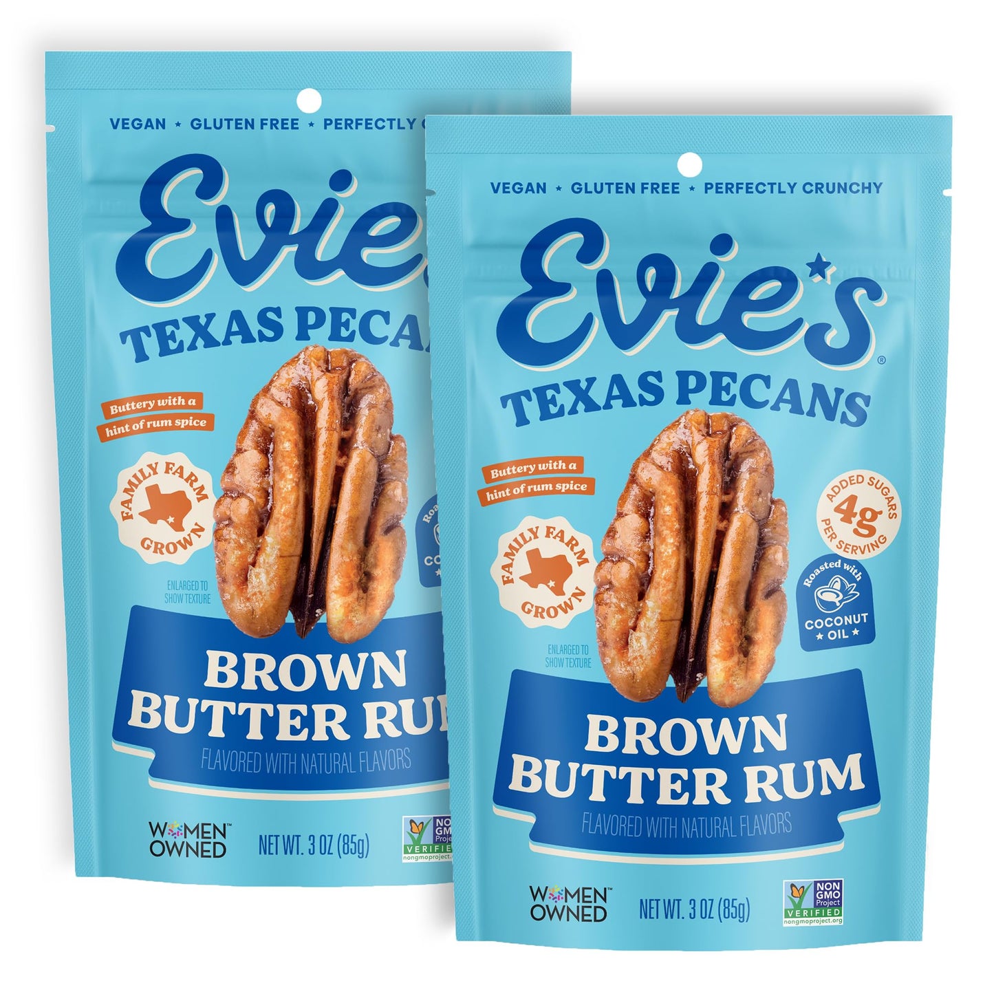 Evie's Brown Butter Rum Pecans - Roasted Texas Pecan Snacks - Healthy, Non-GMO, Gluten-Free and Vegan - 3 Oz, 2-Pack - Made-in-the-USA