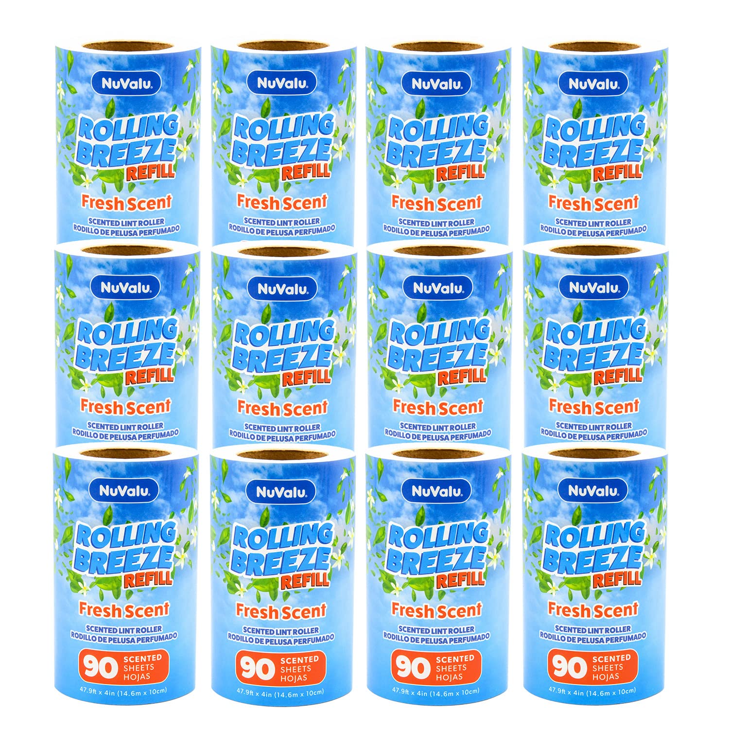 NuValu Rolling Breeze Scented Lint Roller Refill (12 Pack, 1080 Sheets)