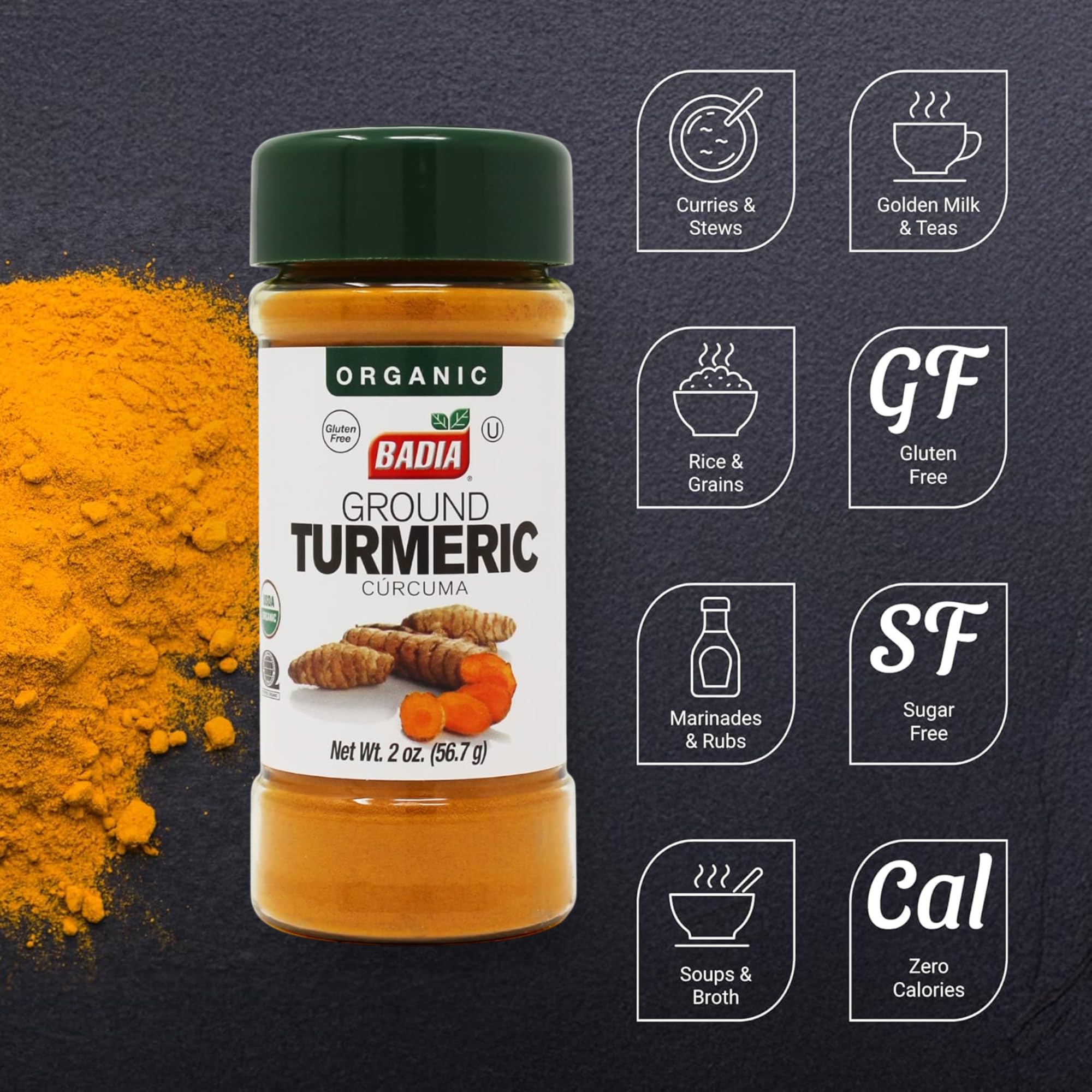 Badia Organic Turmeric Powder, 2 oz - Rich in Curcumin, Perfect for Cooking, Smoothies & Wellness