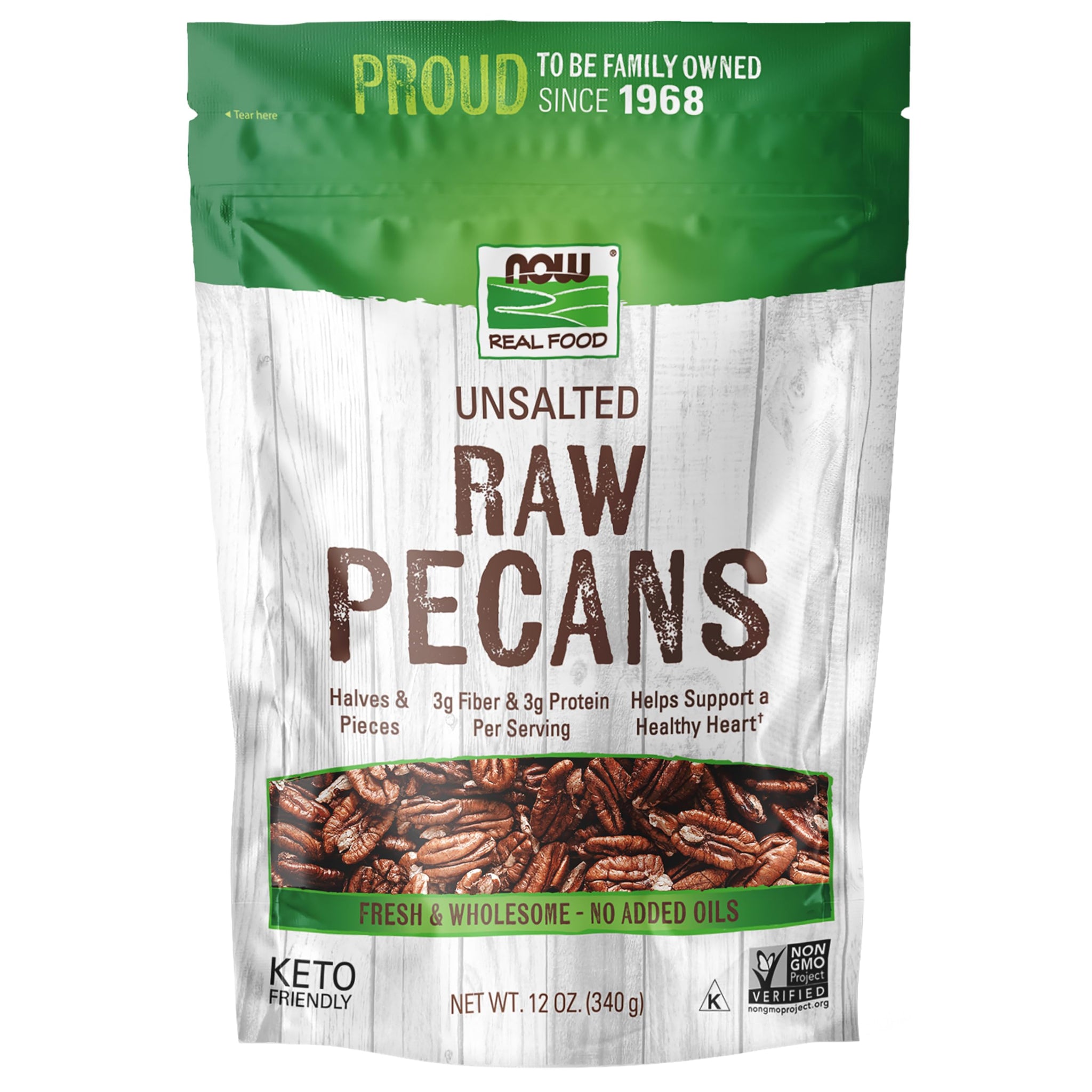 NOW Foods, Pecans, Raw and Unsalted, Halves and Pieces, Natural Source of Essential Fatty Acids, Grown in the USA, 12-Ounce (Packaging May Vary)