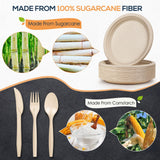 Gezond 250Pcs Disposable Paper Plates Set, Compostable Plate Sugarcane Utensils Eco Friendly Dinnerware Kit Includes 50 Biodegradable Plates, Forks