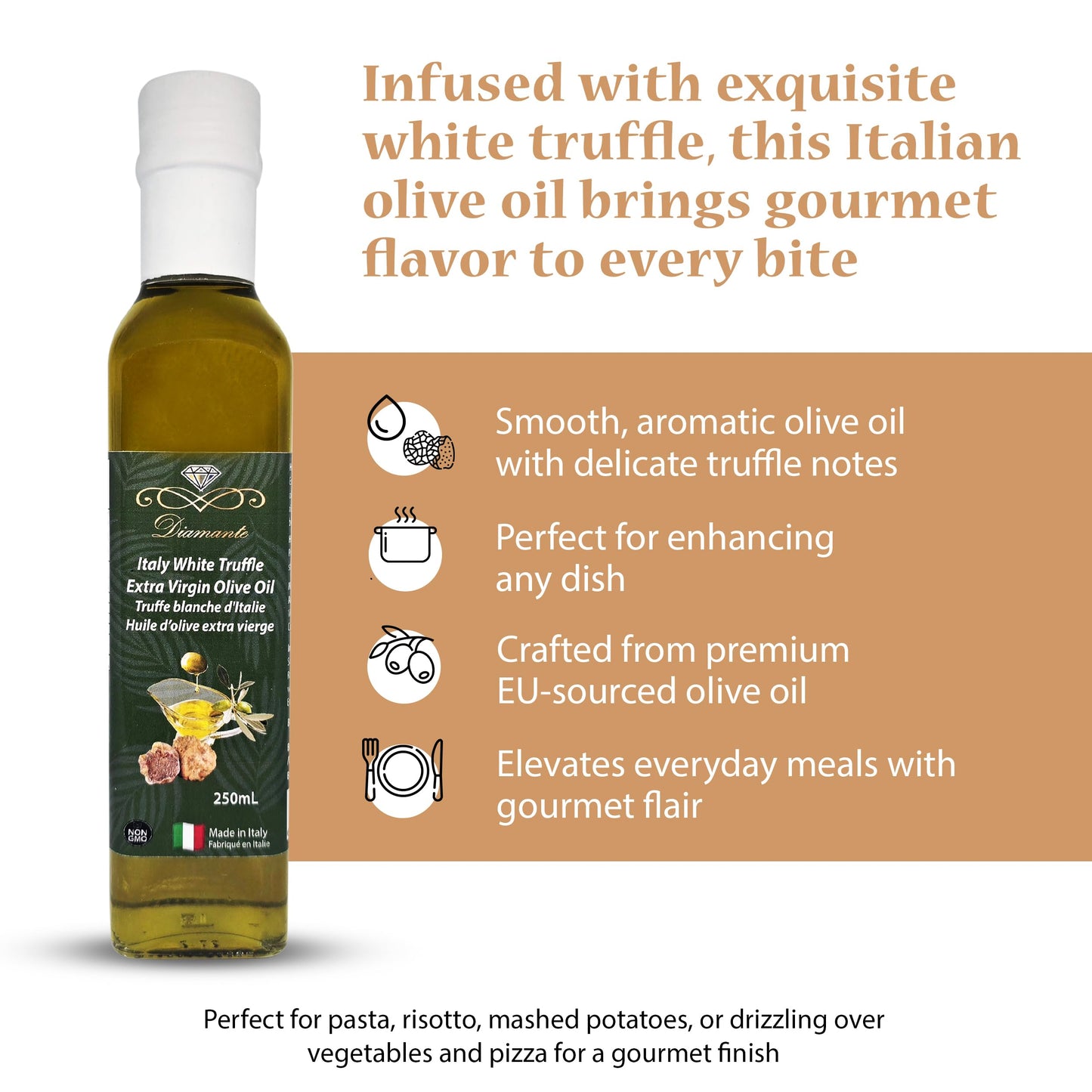 Diamante Italy White Truffle Extra Virgin Olive Oil - White Truffle (Tuber magnatum Pico) Gourmet Oil for Dressing, Seasoning, Marinade & Drizzle