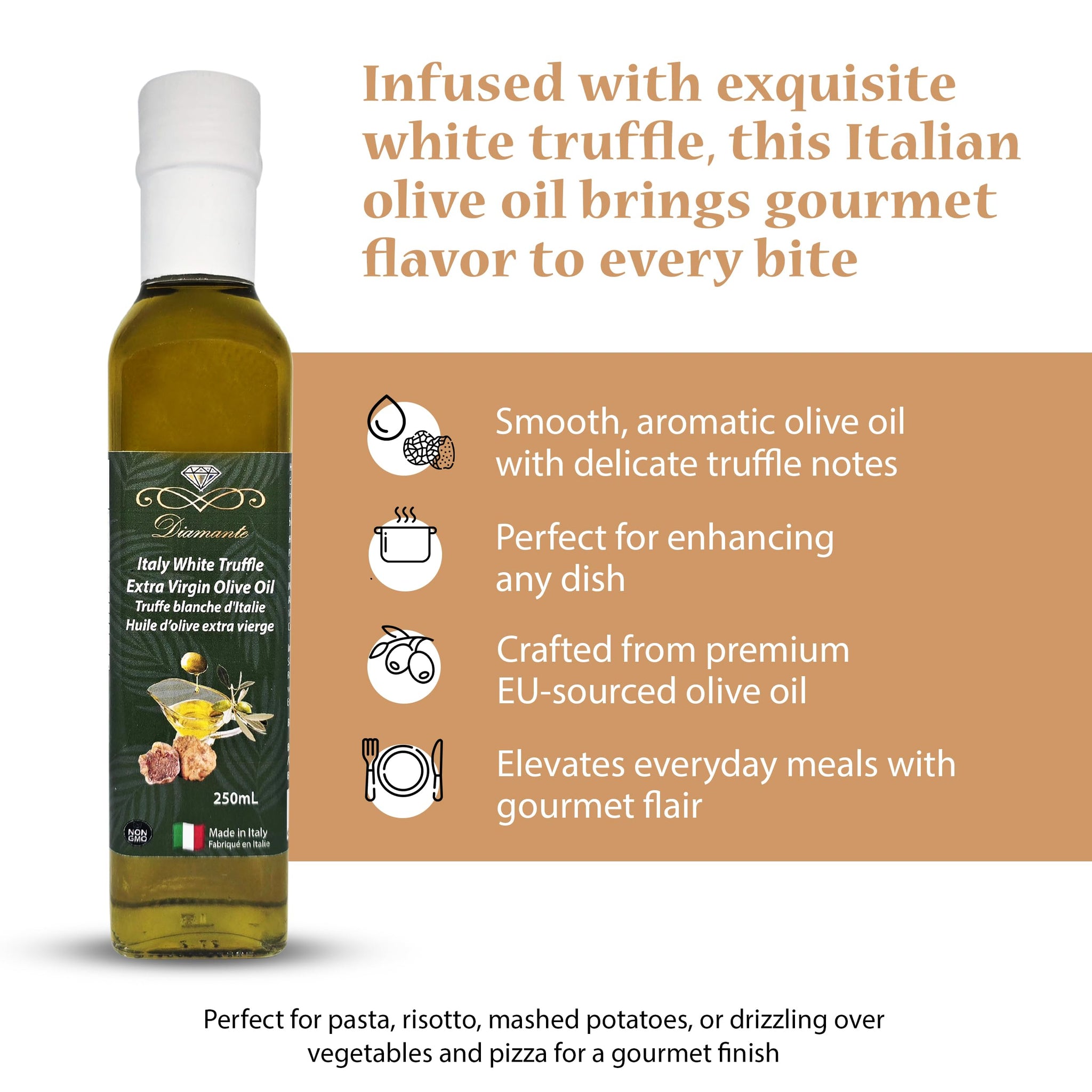 Diamante Italy White Truffle Extra Virgin Olive Oil - White Truffle (Tuber magnatum Pico) Gourmet Oil for Dressing, Seasoning, Marinade & Drizzle