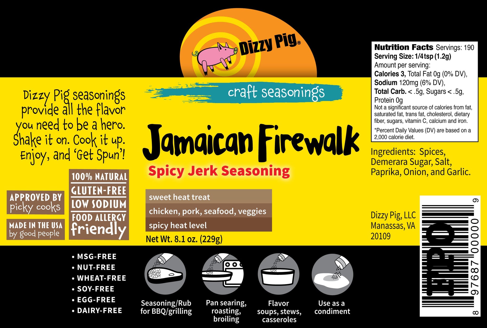 Dizzy Pig Jamaican Firewalk Spicy Jerk Seasoning Rub (8oz Shaker) - Seasons 30+lbs of Food - Hand Made in the USA - MSG Free, Gluten Free