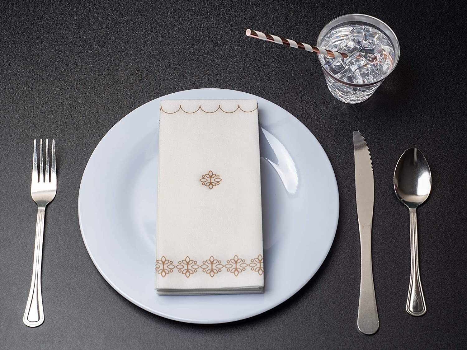 100 Pieces Rose Gold Disposable Dinnerware Party Set - 25 Cups (9oz), 25 Linen-Feel Napkins, 50 Paper Straws - Elegant Dinnerware for Weddings