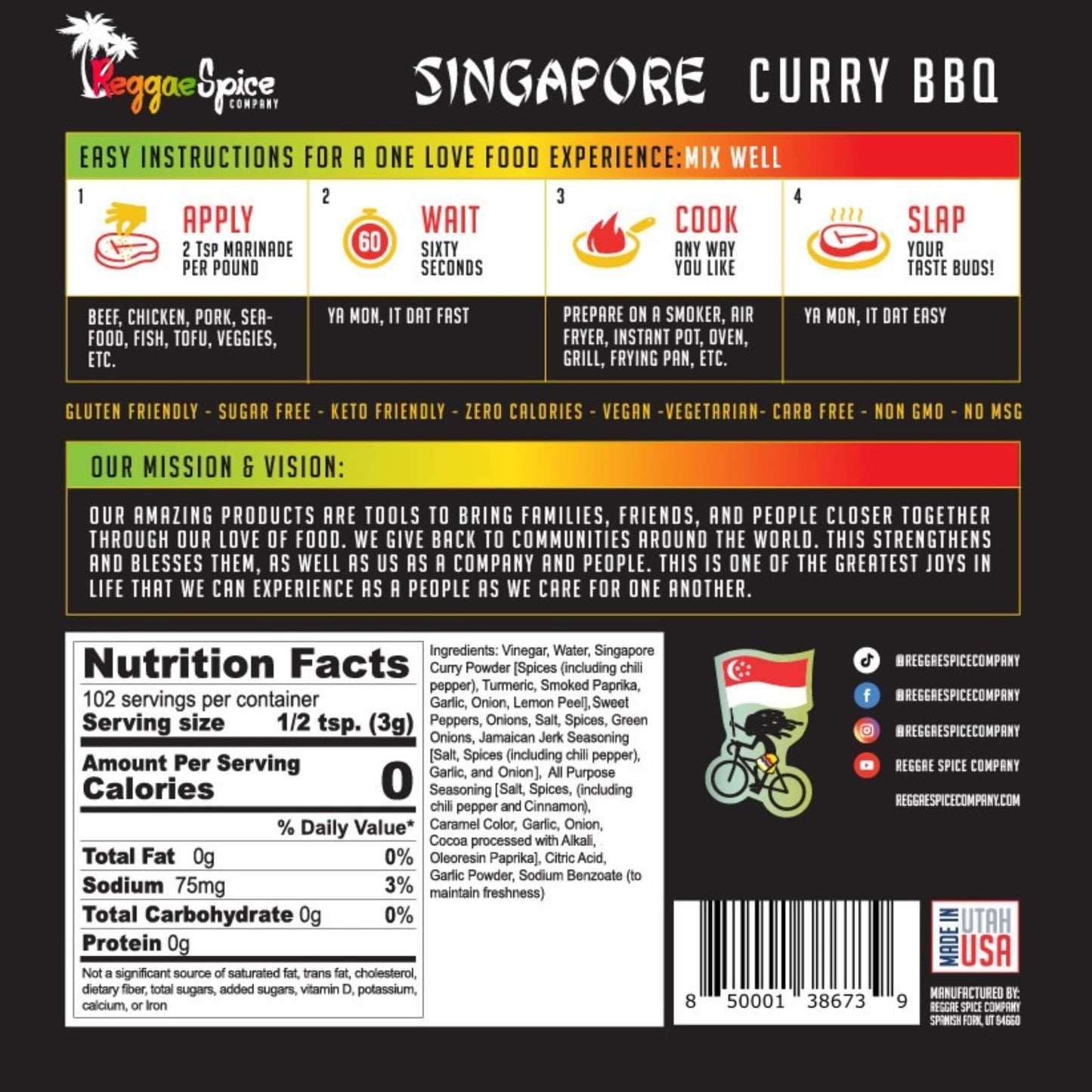 Reggae Spice Singapore Curry Jerk BBQ Marinade | 60-Second Authentic Wet Rub Seasoning Sauce for Cooking Meats | Gluten Free, Vegan, and Keto Friendly