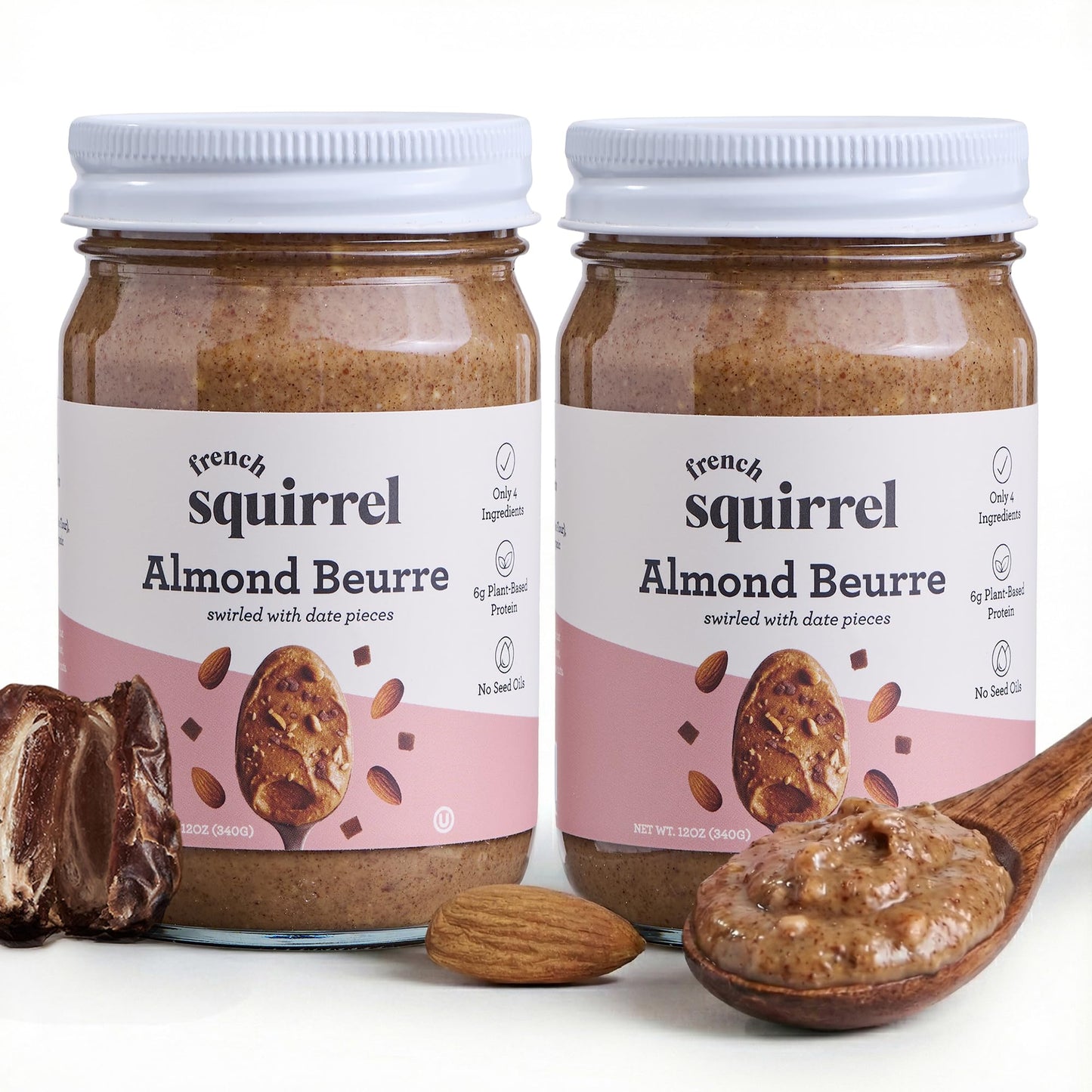 French Squirrel Vegan Almond Butter With Dates, Cinnamon & Sea Salt - 4-Ingredients with 6g Plant-Based Protein, No Seed Oils - Kosher, Dairy Free