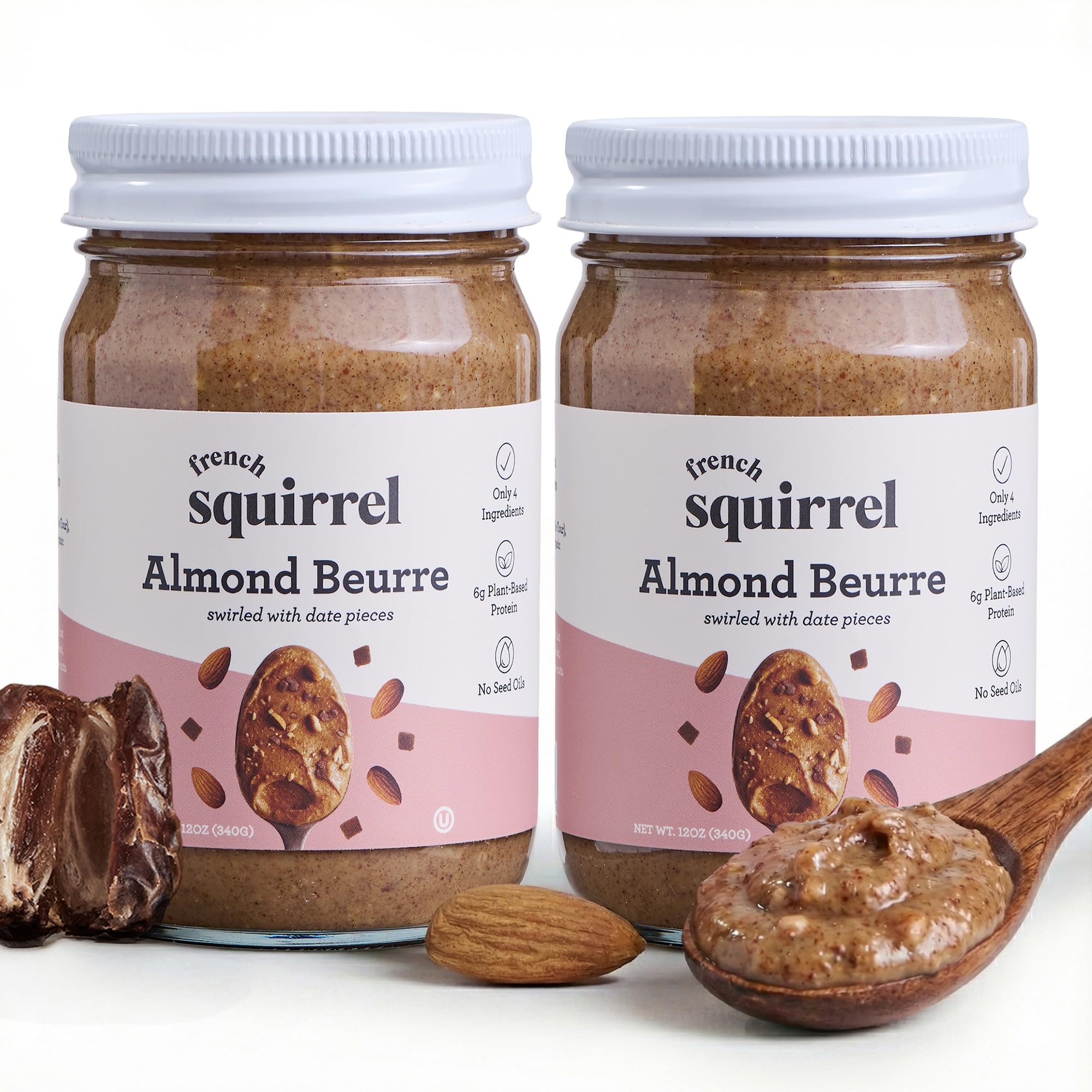 French Squirrel Vegan Almond Butter With Dates, Cinnamon & Sea Salt - 4-Ingredients with 6g Plant-Based Protein, No Seed Oils - Kosher, Dairy Free