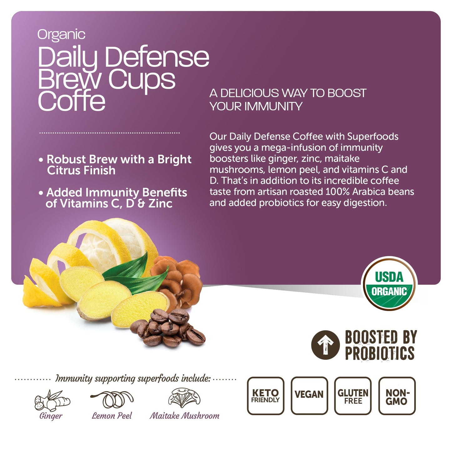 Daily Defense Organic Coffee Pods - Coffee with Maitake, Ginger Root, Lemon Peel & Superfoods - Healthy Mold Free Probiotic beverage, Vegan, Gluten