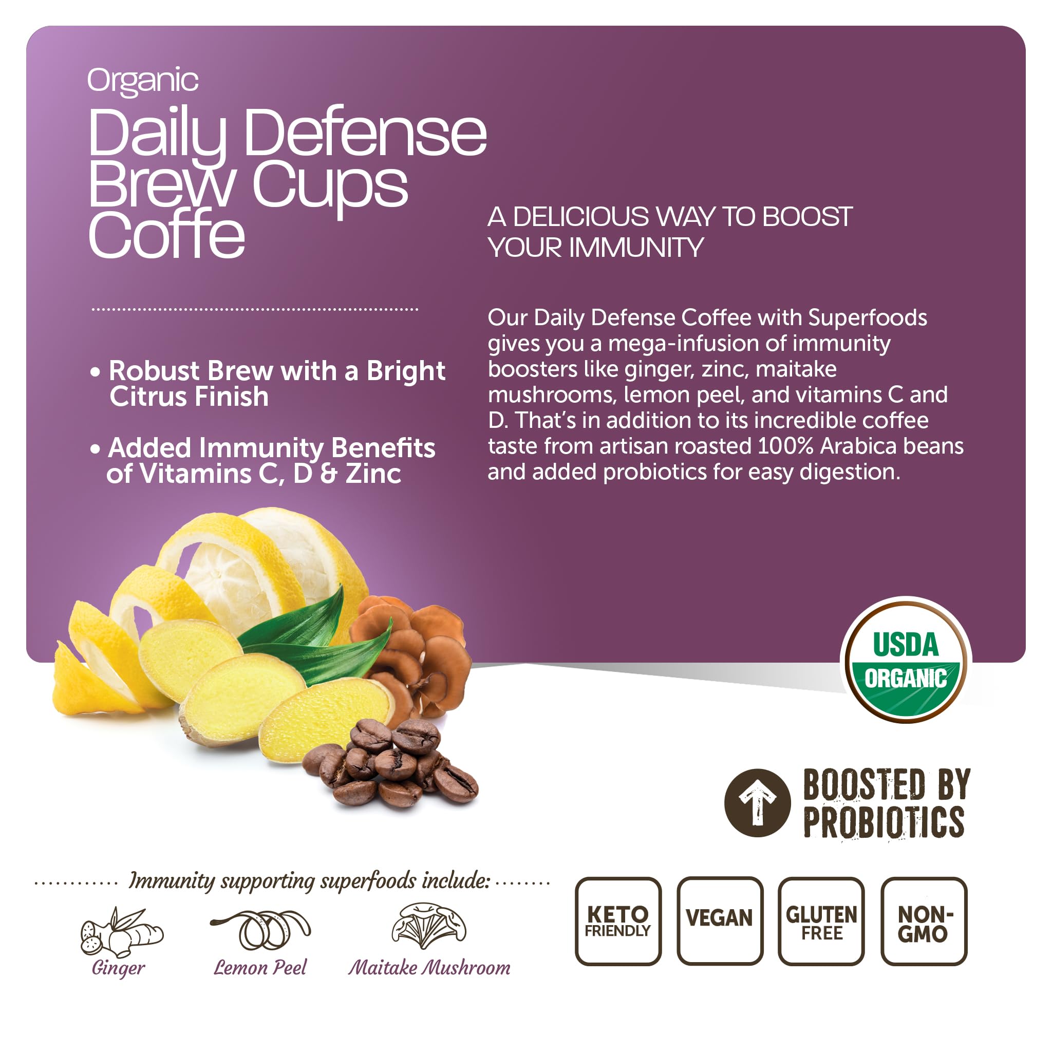 Daily Defense Organic Coffee Pods - Coffee with Maitake, Ginger Root, Lemon Peel & Superfoods - Healthy Mold Free Probiotic beverage, Vegan, Gluten