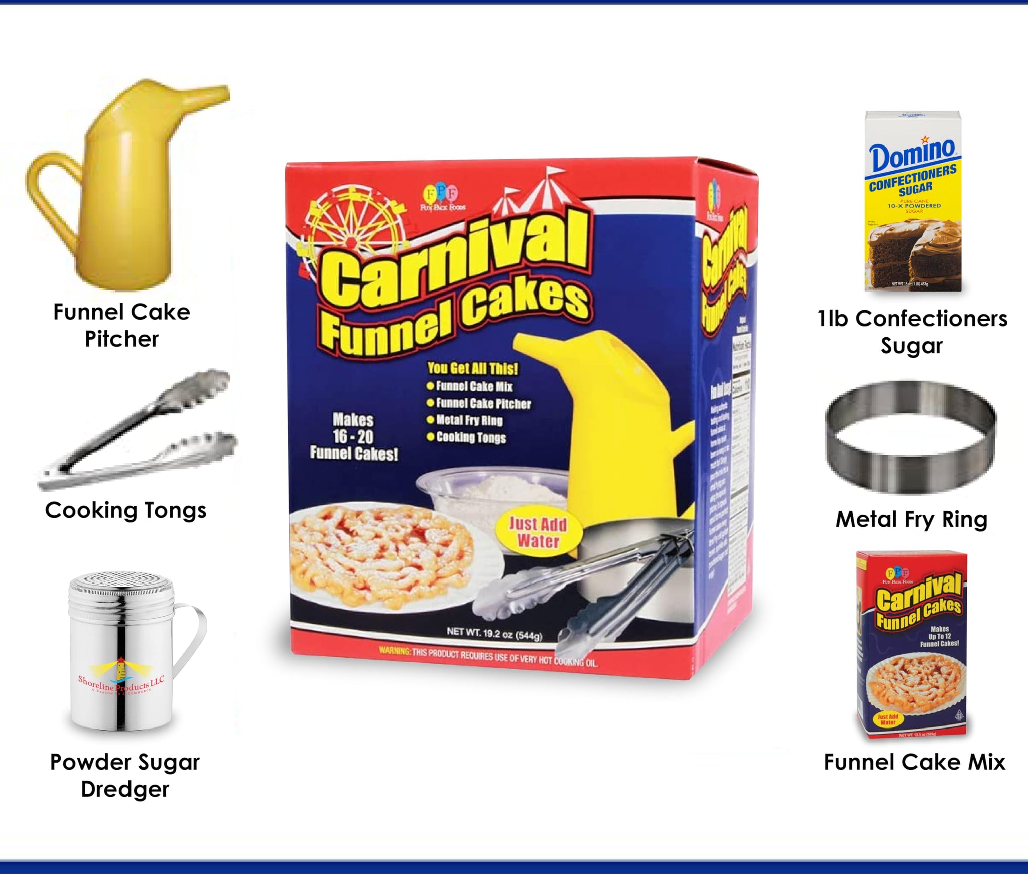 Fun Pack Foods - Funnel Cake Kit Deluxe Bundle- Includes Funnel Cake Mix, Ring, Shoreline Products Sugar Dredge, 1lb Confections Sugar, and Bonus 13.5oz Box of Funnel Cake- Makes 28-32 Funnel Cakes