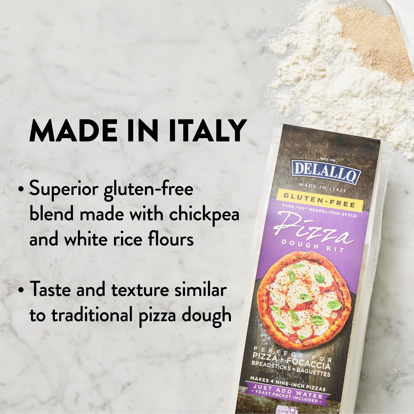 DeLallo Gluten Free Flour Pizza Kit, 17 oz Bag, (4 Pack), All Purpose Pizza Dough Mix for Baking Crust, Bread and Calzones, Vegan, Dairy Free