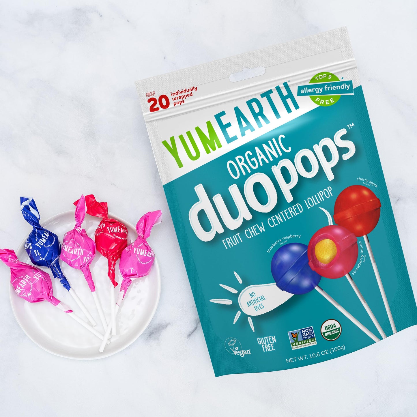 YumEarth Organic Duo Pops, Lollipops with Fruit Chew Centers - Allergy Friendly (Top 9 Free), No Artificial Dyes, Non GMO, Gluten Free, Vegan Candy