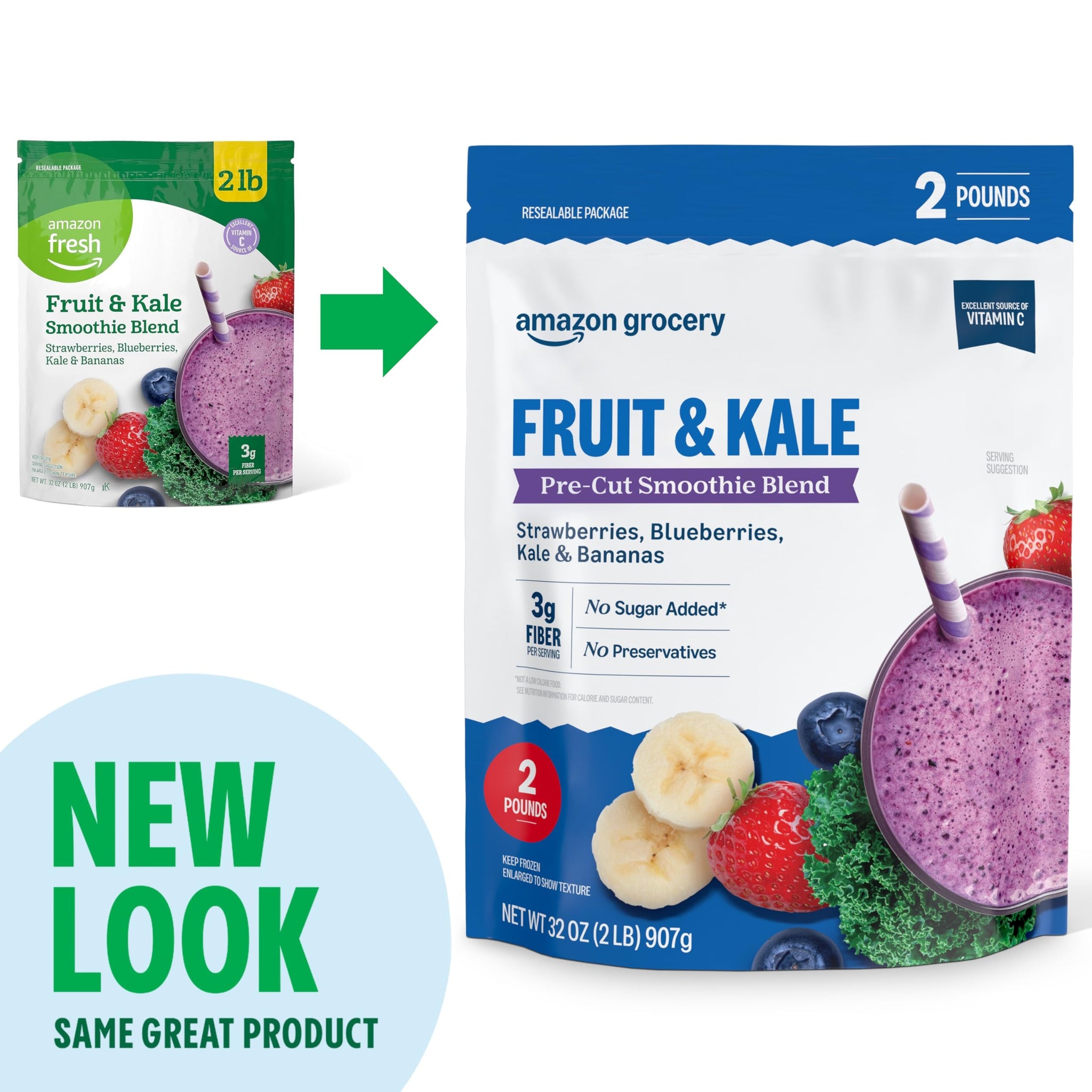 Amazon Grocery, Fruit & Kale Pre-Cut Smoothie Blend, 32 Oz, Frozen
